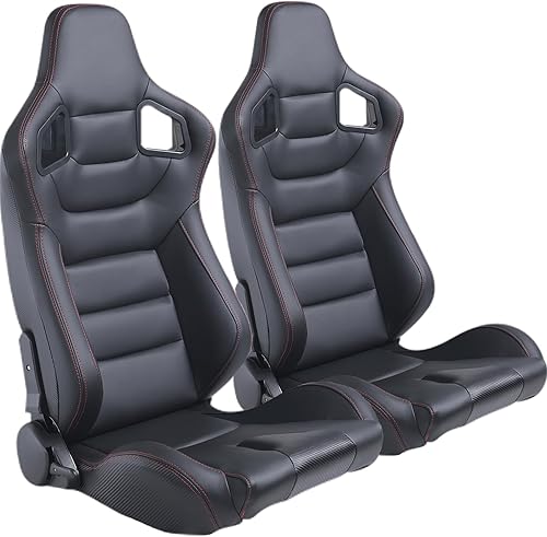 Asientos de carreras, 2 asientos universales de cuero de PVC, asientos deportivos ajustables con deslizadores (costuras de color negro y rojo)