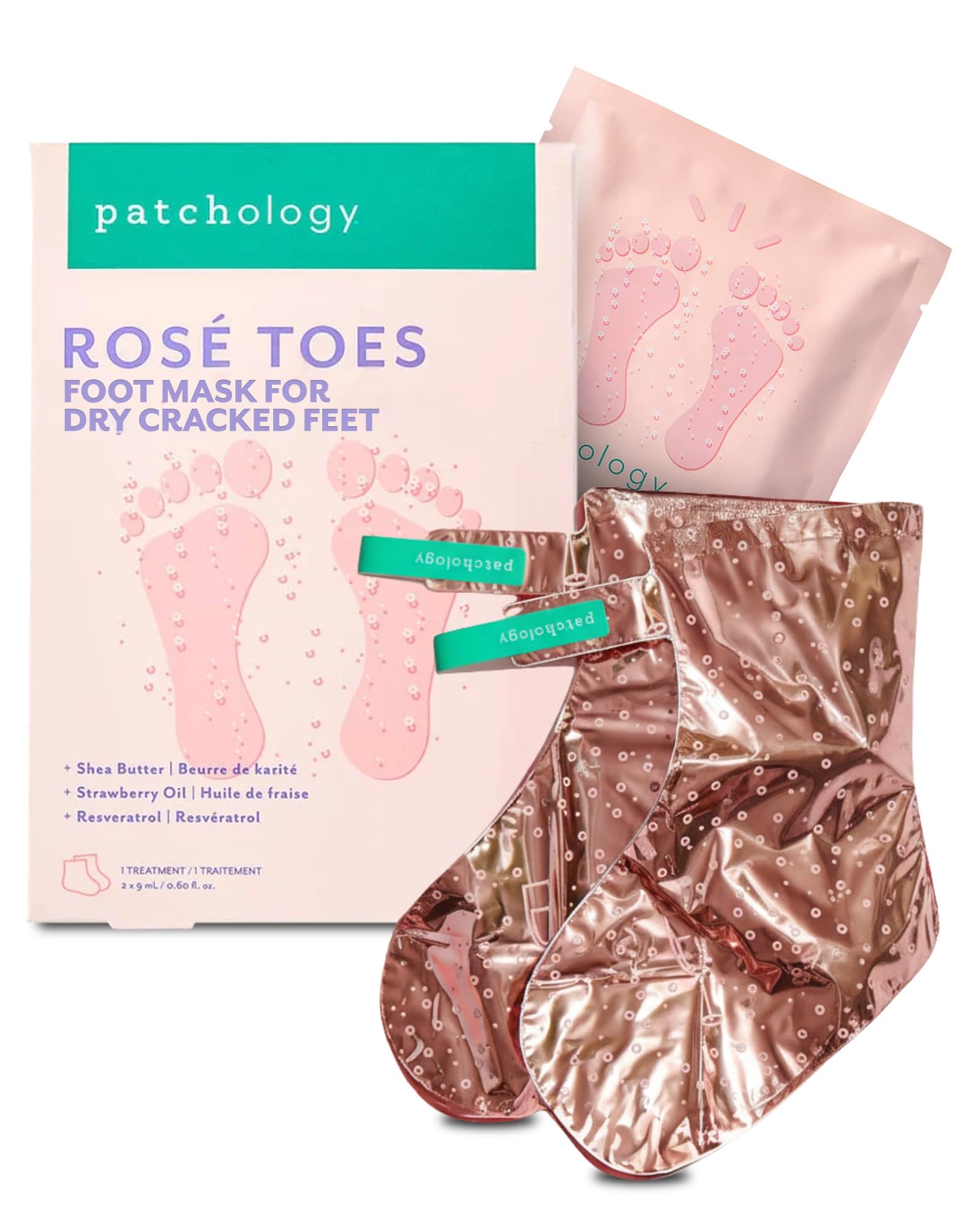 Rosé Toes Moisturizing Foot Mask – Shea Butter & Strawberry Scented Booties for Dry, Cracked Feet, Disposable Spa Socks with Resveratrol for Soothing Foot Care, Self-Care Essentials
