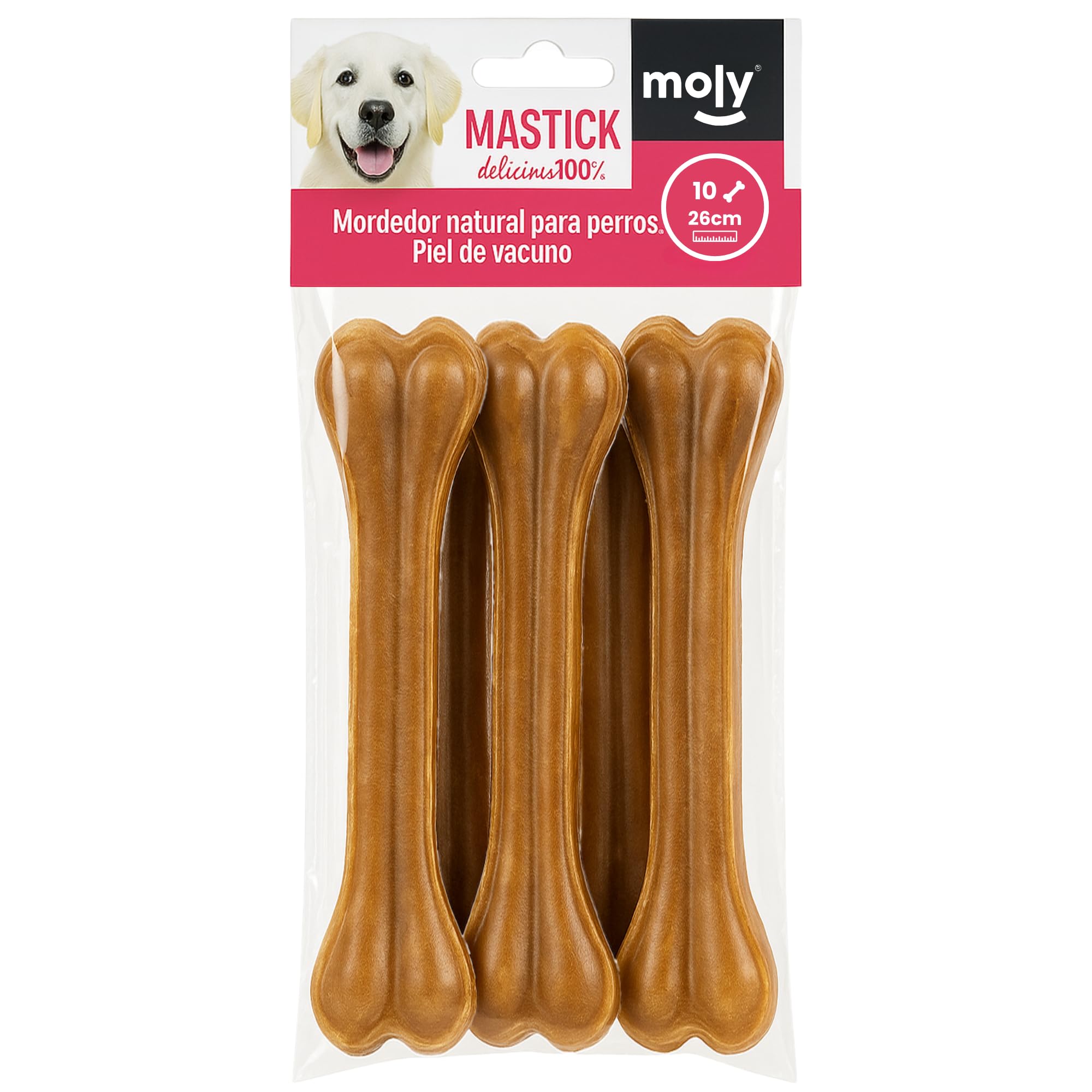 MOLY Lot de 10 os pressés pour chiens 26 cm | Snack naturel pour mastication prolongée | Renforce la santé dentaire et les gencives | Faible en gras | Idéal pour chiens moyens et grands