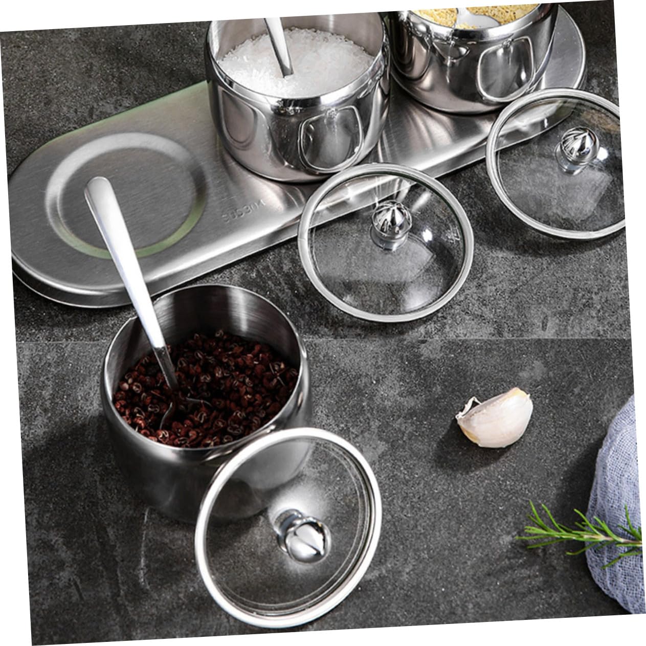 Gewürzgläser aus Edelstahl Salzbehälter Vorratsgläser für Gewürze Kaffee Tee und Zucker mit Sockel