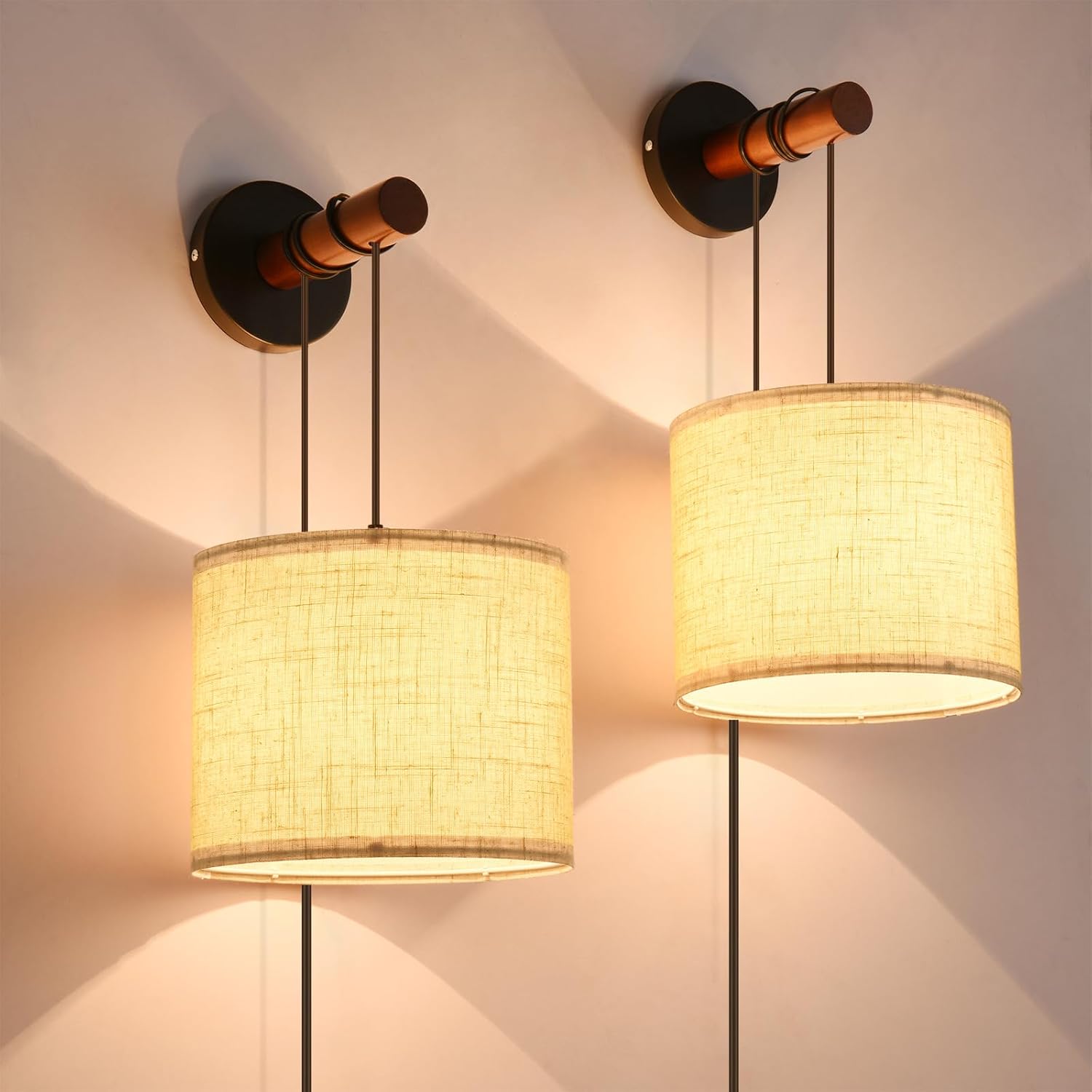 Wall Sconces Set of Two, Plug in Wall Sconces, Fabric Shade Wall Lights with 3 Color Temperature,Farmhouse Wall Lamps for Bedroom Living Room Hallway(2 Pack)