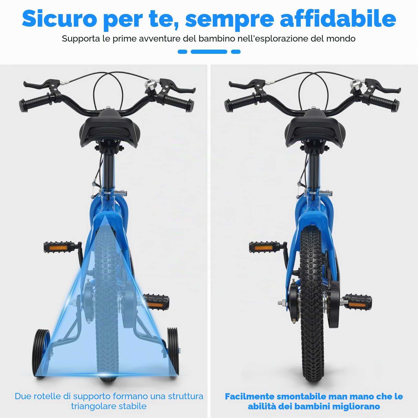 Bicicletta per bambini da 14 pollici, per ragazzi e ragazze, con ruote di supporto e sistema a doppio freno, manubrio e sella regolabili in altezza, bicicletta per bambini a partire dai 3