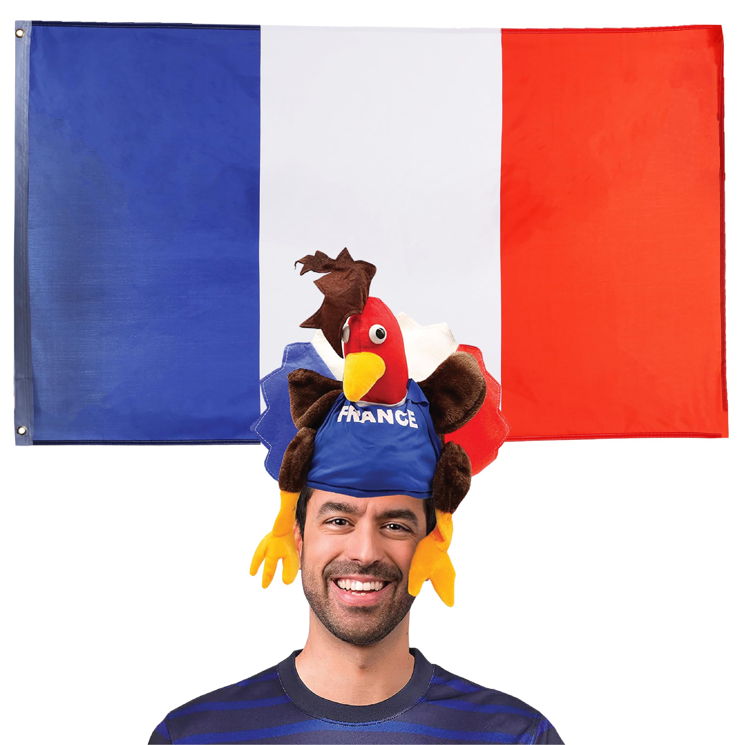 French Flag & Hat Fancy Dress Accessory Set - 3x5ft Flag + Gallic Rooster Hat for Bastille Day, France Supporters, Football & Rugby โ image 1