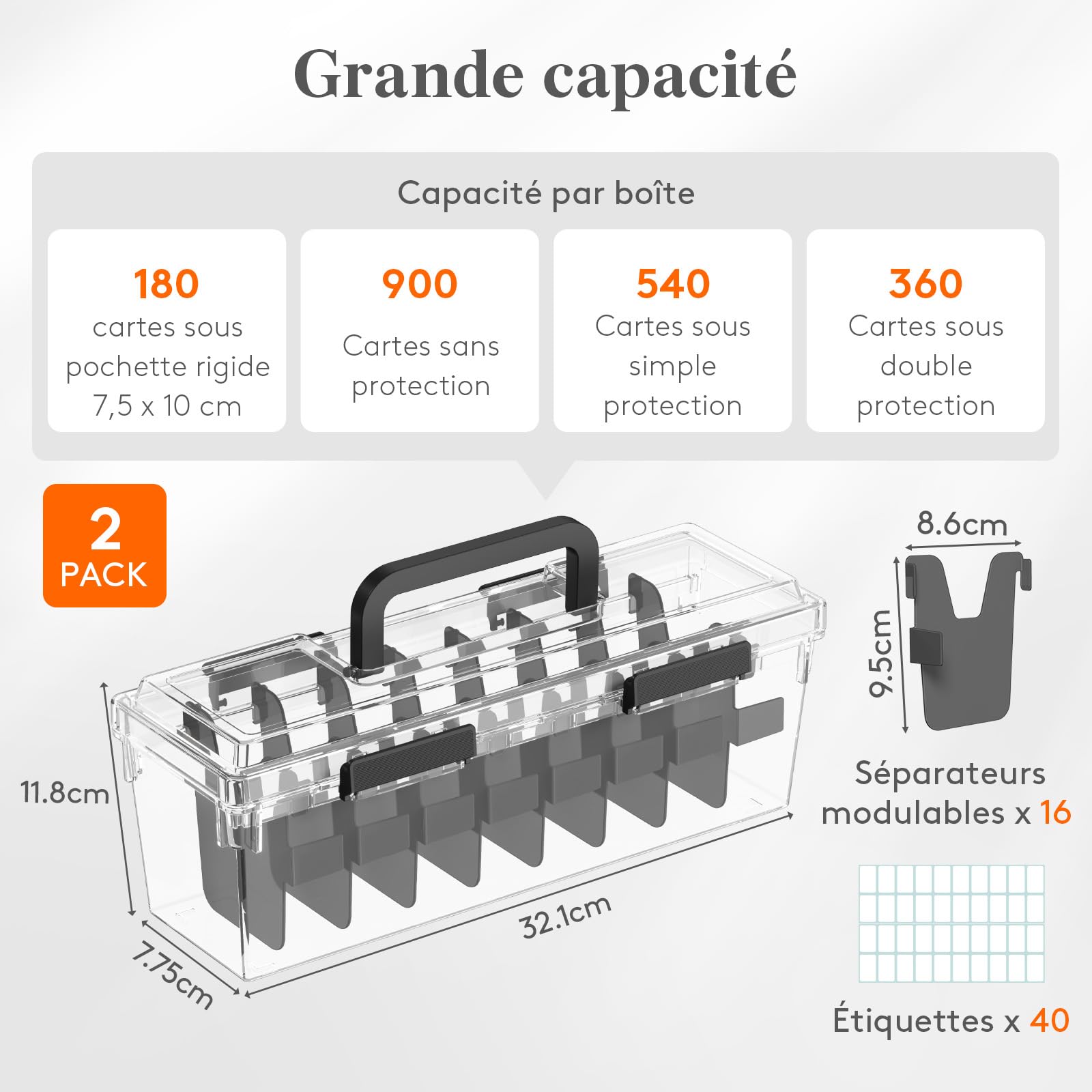 Lifewit Boite de Rangement Carte avec 16 Séparateurs Réglables, Plastique Deckbox avec Fermeture Renforcée et étiquettes Inscriptibles, Deck Box de Jeux pour Jusqu'à 1800 Cartes, 2 Pièce