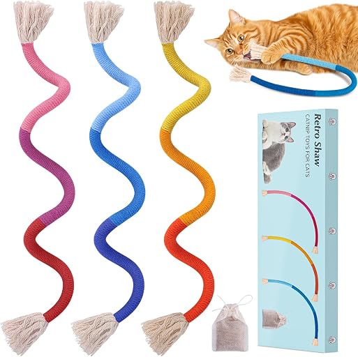 Retro Shaw Cat Chew Ropes with Natural Catnip, 23.6 Inches Safe Teeth Cleaning Cat Toys for Indoor Kittens, Interactive Kitty Kicker Nip String Toys 3 Pack