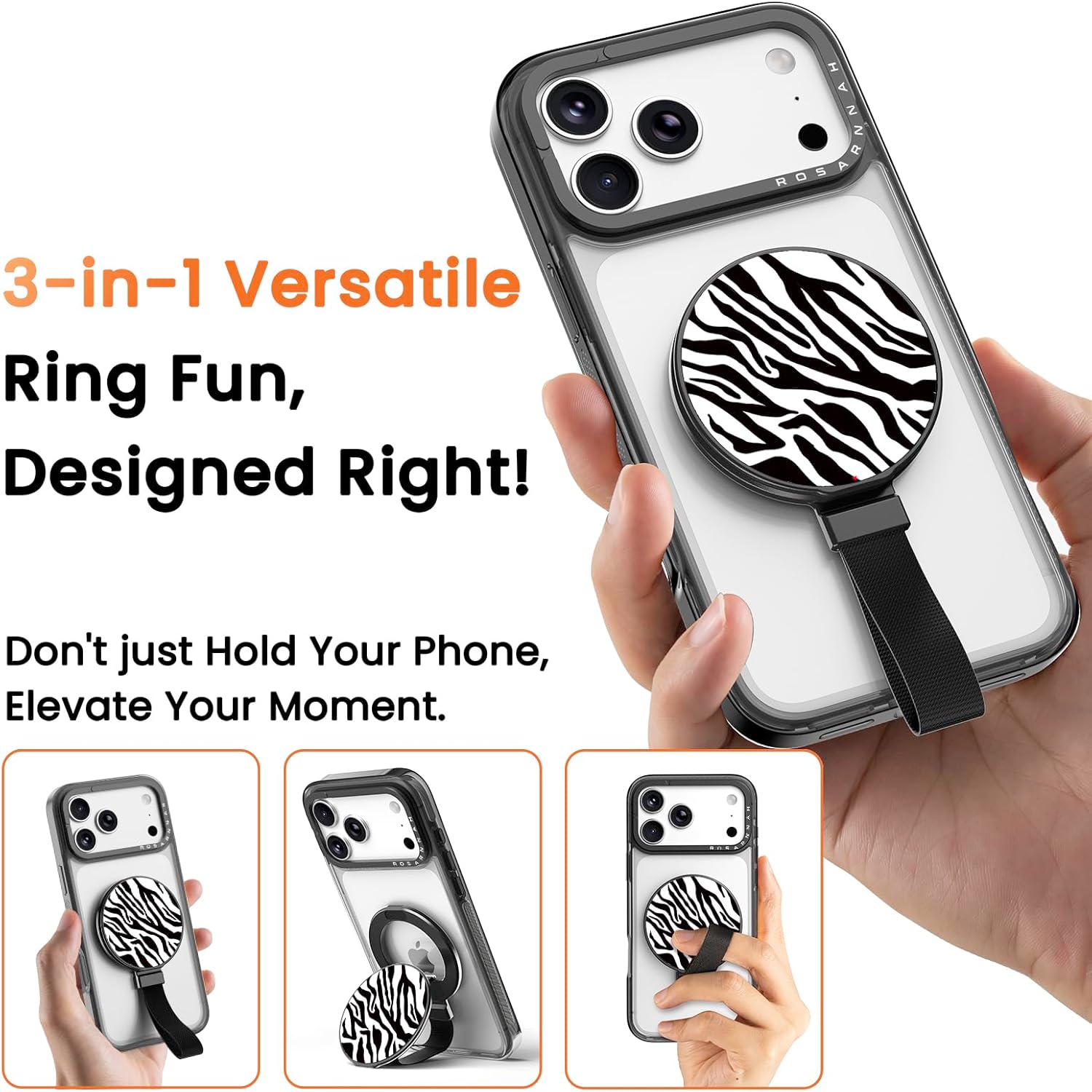 Rosarnnah Phone Grip with Dual-Sided Magnetic for Magsafe - Adjustable Cell Phone Strap Stand Finger Ring Kickstand - Compatible with iPhone 17 Pro Max 16 15 14 13 12 Accessories - Zebra Print