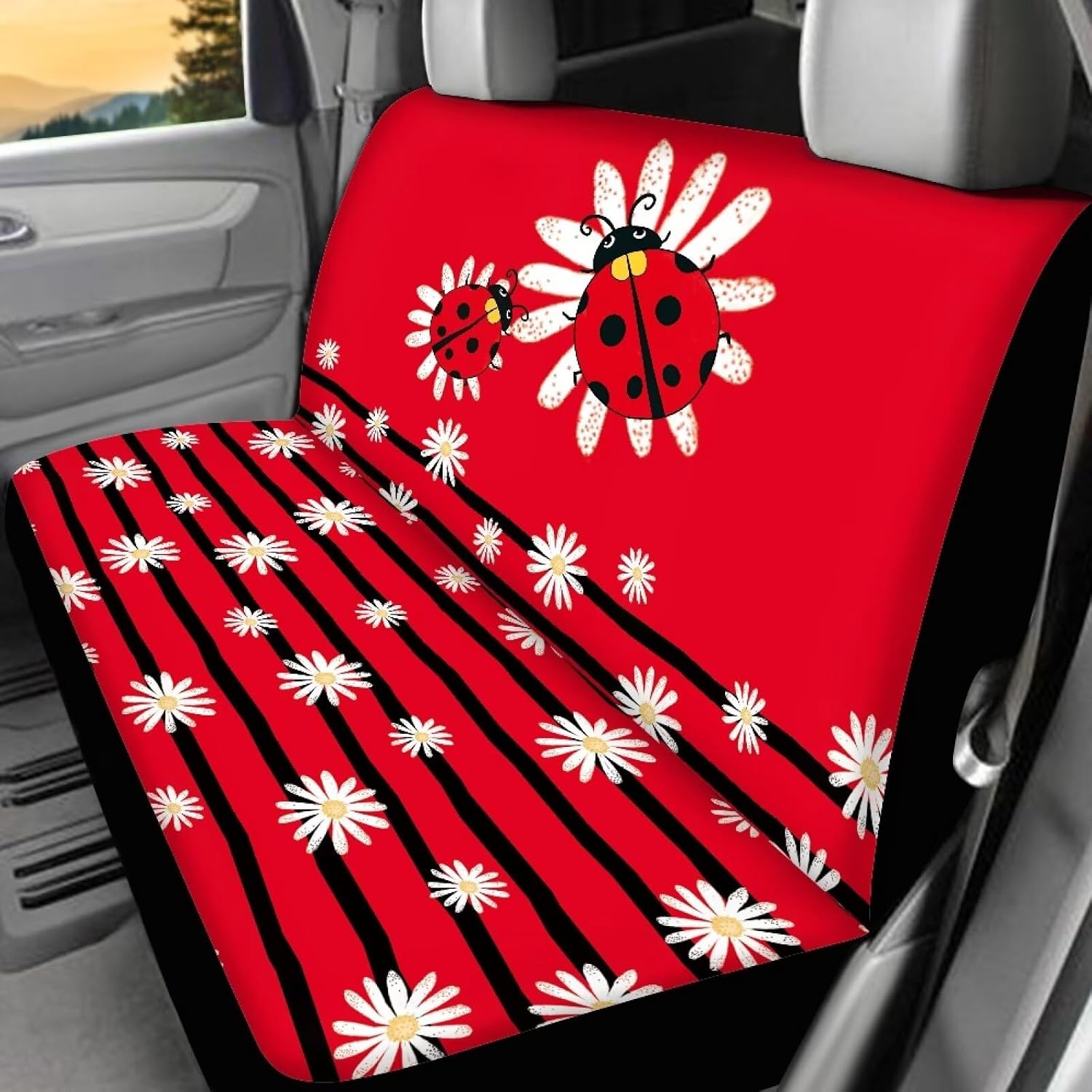 Cute Ladybug Car Seat Cover Auto Accessories Interior 4Pcs, Front Seat Protector Auto Seat Rear Split Bench Cover Universal Automotive Interior Protection Accessories