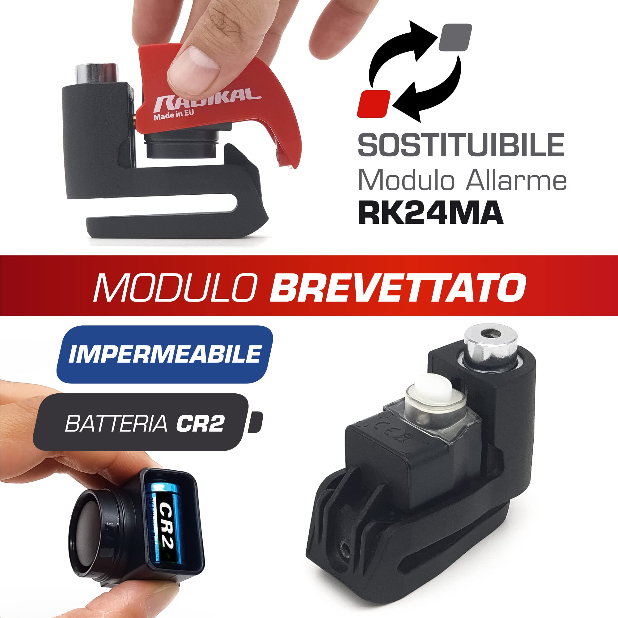 RADIKAL RK6 Bloccadisco Moto Allarme Hi-Tech 120db ON/OFF, Led Warning, Sensibilità A+, Sostituibile, Impermeabile, Batteria CR2 lunga durata, Lucchetto Moto Antifurto Sonoro Universale bici elettrica