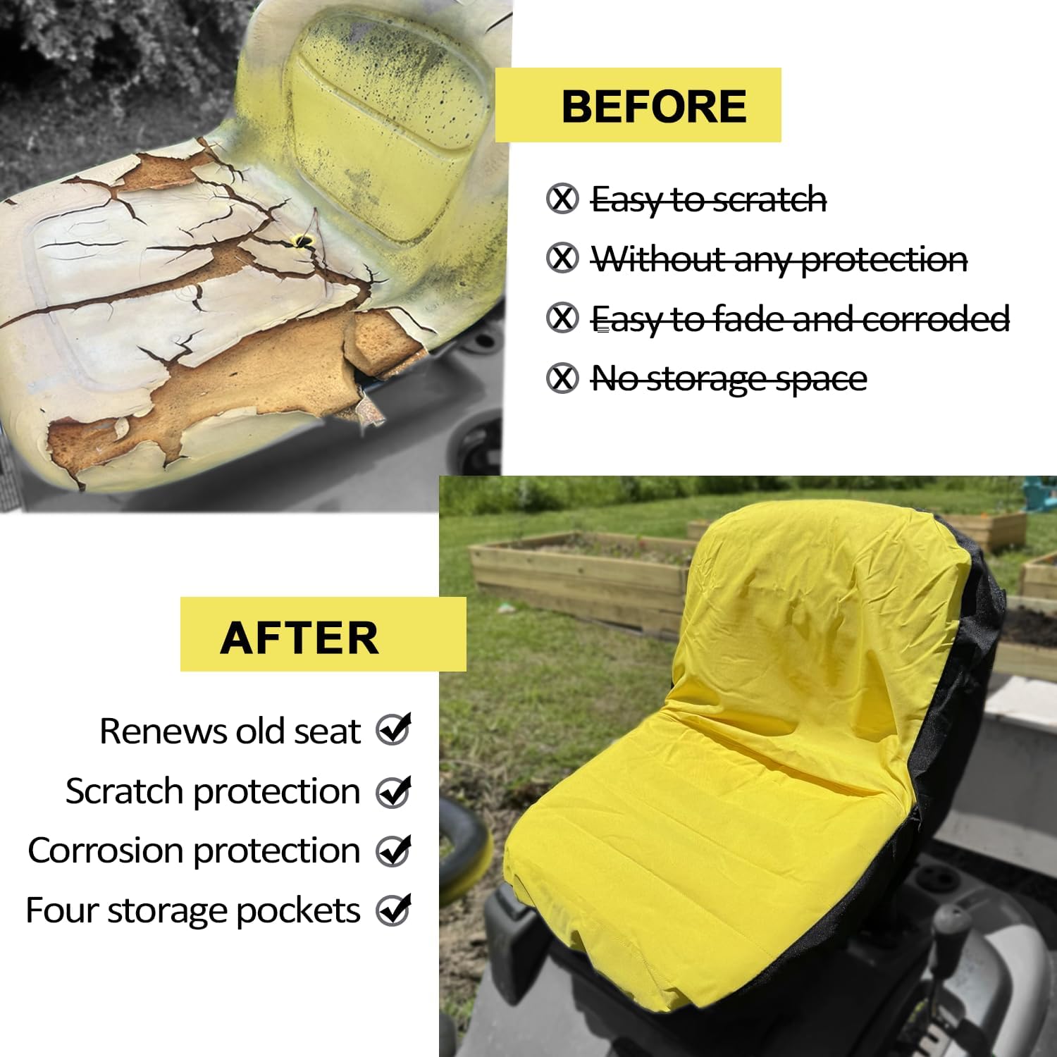 Riding Lawn Mower Cushioned Seat Cover Compatible with John Deere LP92334 for Mower Tractor & Gator Seats up to 18" High, Weatherproof Oxford 300D Fabric with Convenient Pockets