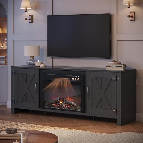 Miniatura 6 de Bestier Soporte de TV con chimenea de 63 pulgadas para televisores de hasta 70 pulgadas, centro de entretenimiento con puerta de granero con