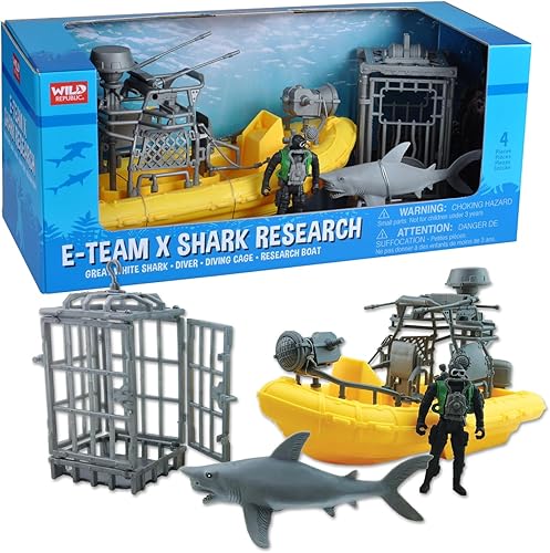 Wild Republic E-Team X - Juego de tiburón, figura de acción, tiburón, barco, jaula de buceo, regalos para niños, juego de 4 piezas 15394, Cuddlekins