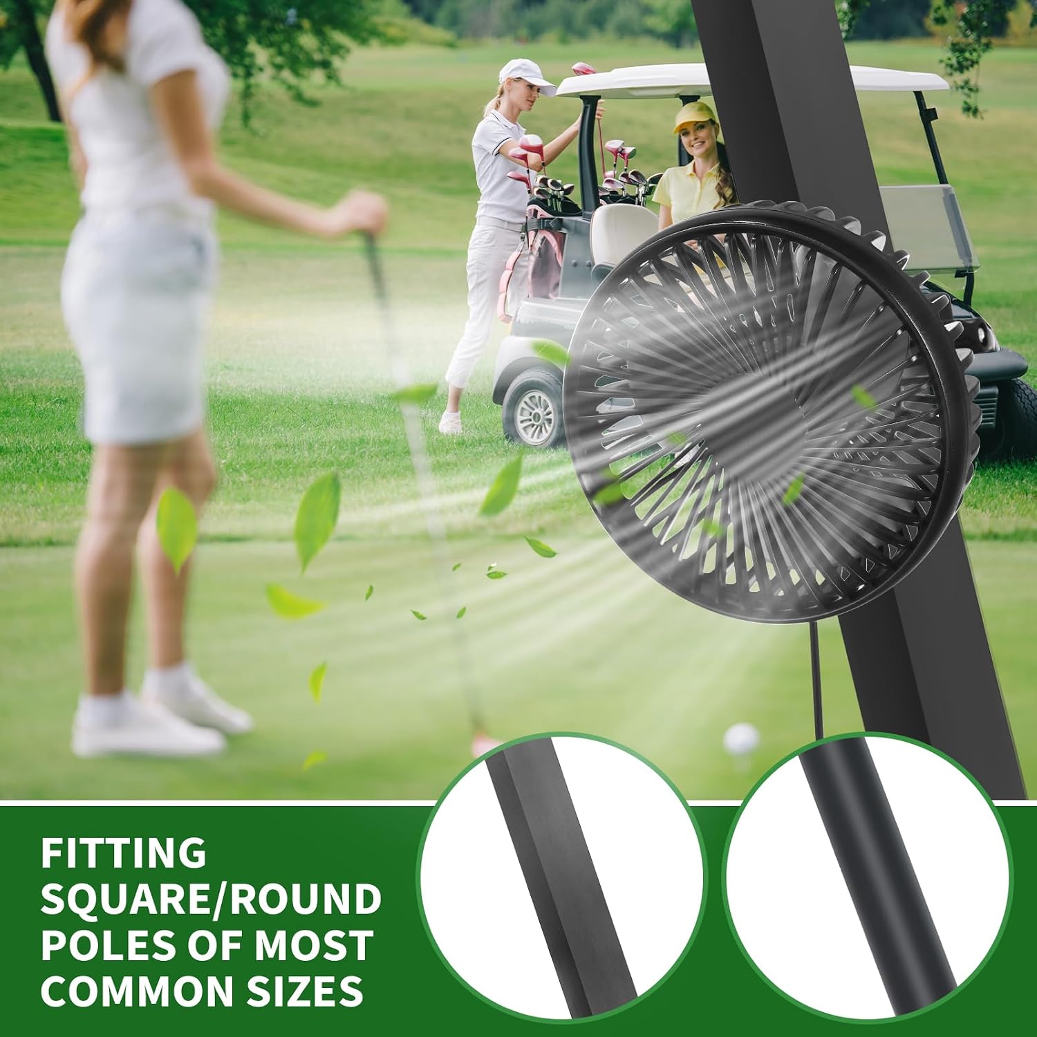 2 Pack Golf Cart Fan, Fan for Golf Cart - Portable USB Input, Universal Clip Base Fit Square/Round Pole | 2.5m Extended Cord, 3-Speed, 360° Adjustable, Low Noise, Plug and Play Golf Cart Fans