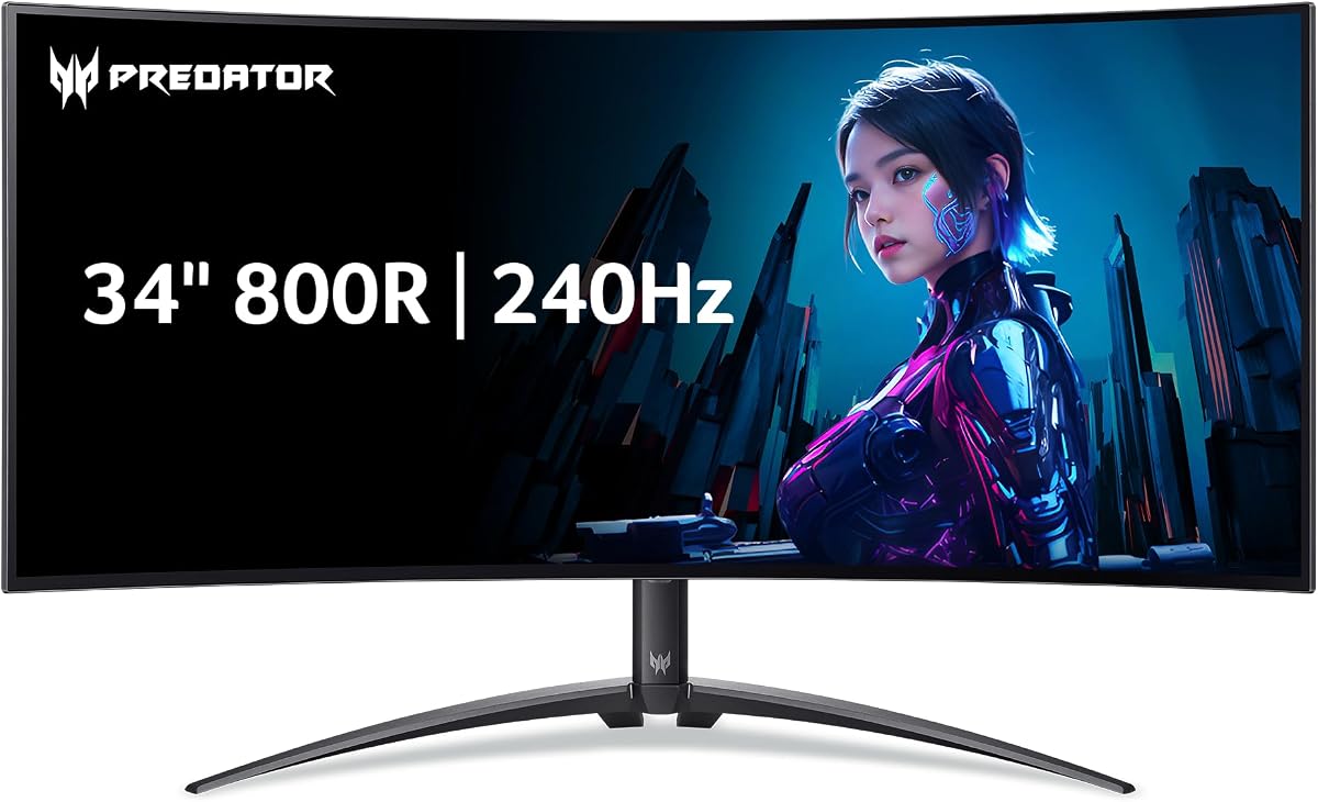 Predator 34in WQHD 3440x1440 OLED 240Hz Gaming Monitor X34 Xbmiiphuzx | 0.01ms, AMD FreeSync Premium Pro, DCI-P3 99%, 2xHDMI 2.1, DP, USB-C 90W, VESA HDR400, 800R Curve, Ergo Stand, Speaker