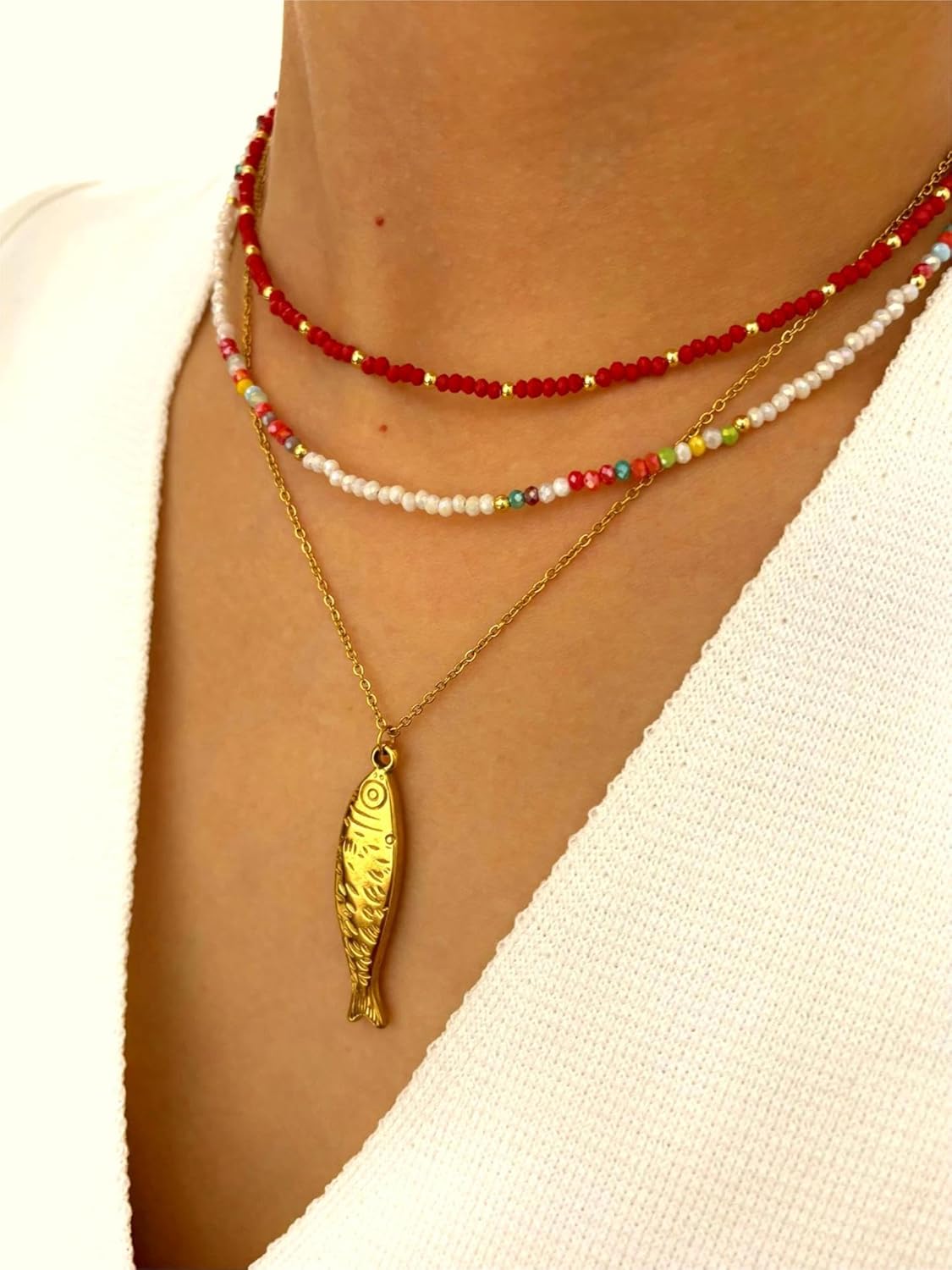 Fish Necklace, 14K Gold Plated Layered Beach Summer Y2k Pendant Necklaces Beachy Choker Beaded Charm Non Tarnish Statement Dainty Stack Stainless Steel Jewelry Gift - Image 8