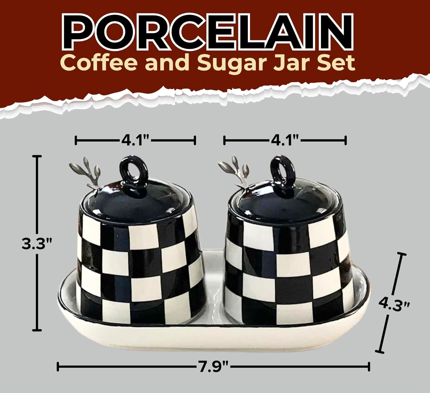Checkered Coffee and Sugar Jar Set - Decorative Porcelain Jars with Lids, Spoon and Tray for Kitchen, Pantry and Coffee or Tea Bar - Ideal Gift (D)