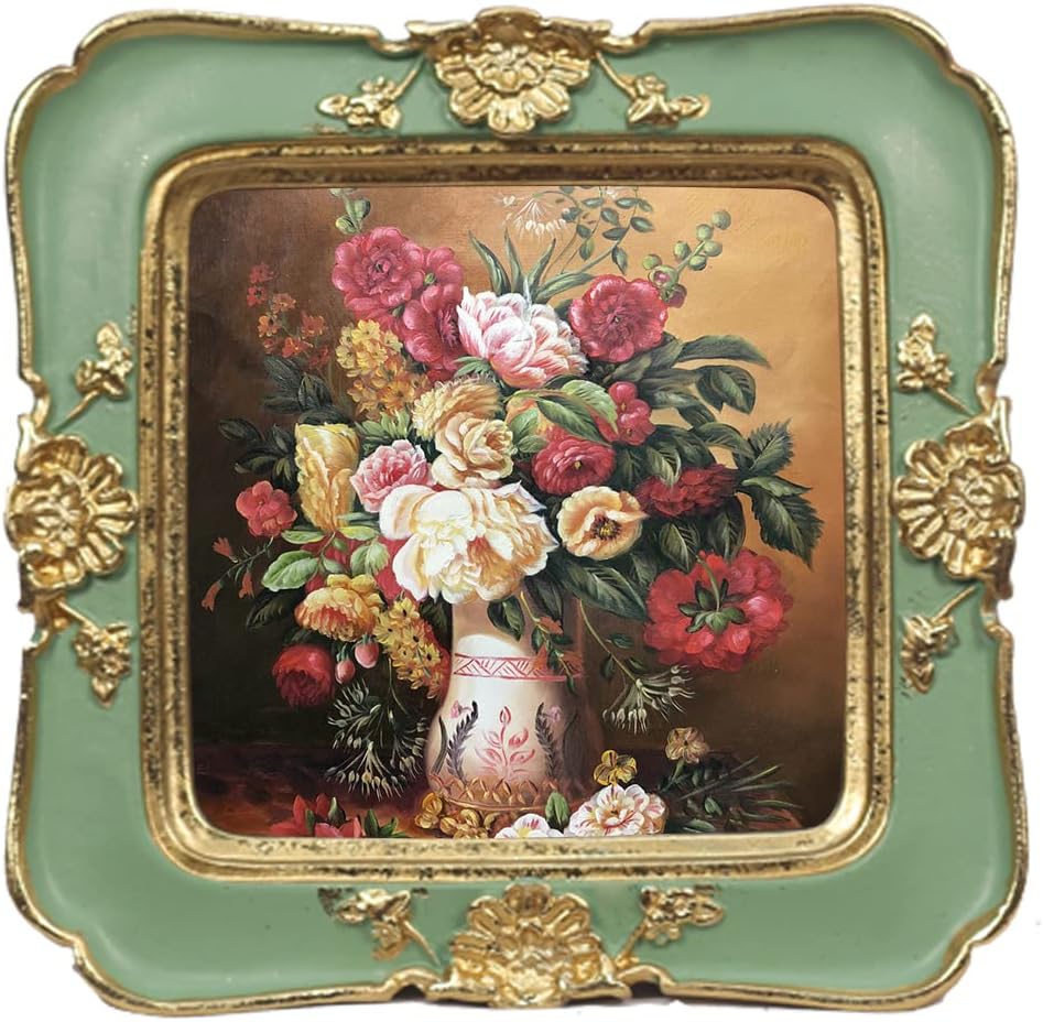 WINPLUS+ Vintage Picture frames, Luxury Antique Photo Frames With Golden Embossed Flower Furnishing, Retro Style Decor, Wall and Tabletop Display, Art Gallery (Green, 3x3)