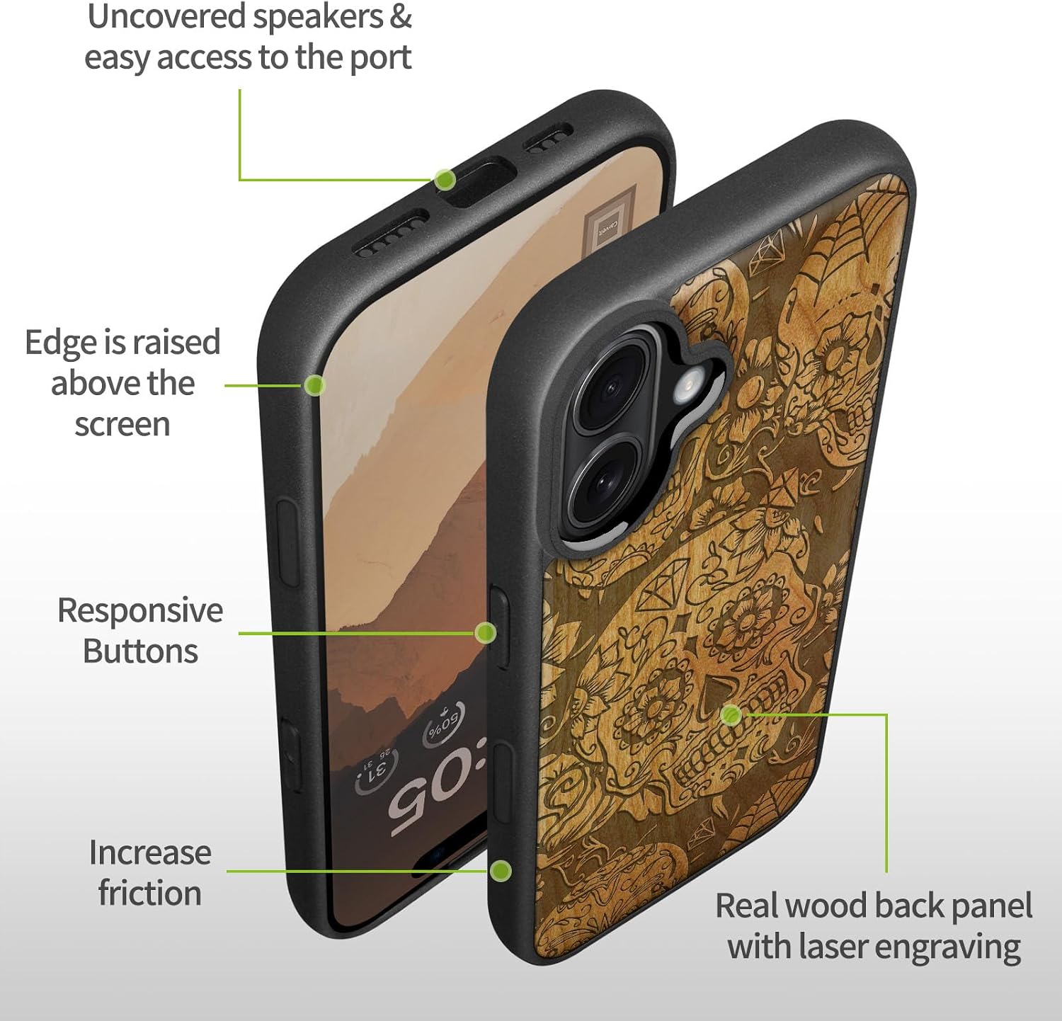 Carveit Magnetic Wooden Case for iPhone 16 Case, Wood Artisan Engraved & Black Soft TPU Shockproof Cover, Compatible with MagSafe Wireless Chargers (Dance of The Sugar Skulls) Cherry