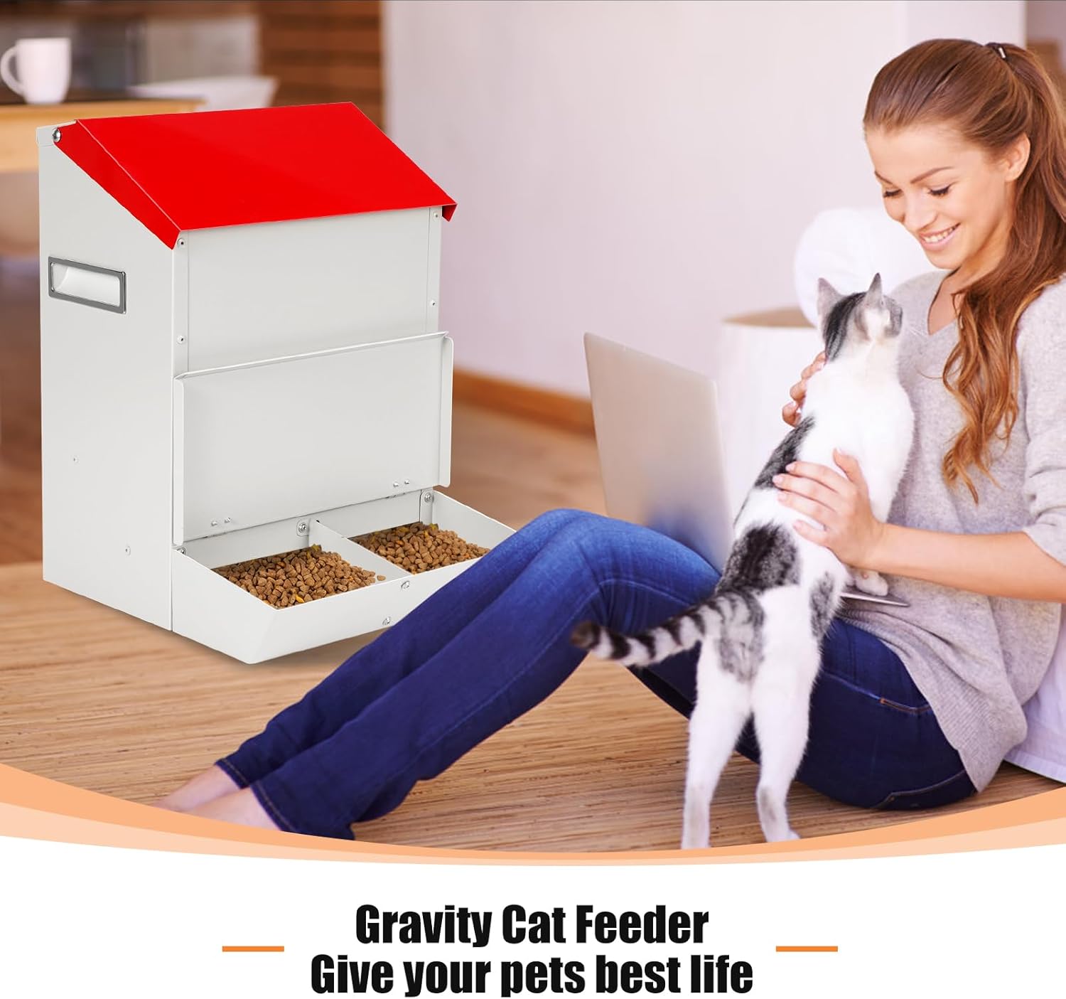 Automatic Cat Feeder for 2 Cats, 12L Automatic Cat Food Dispenser, Dual Pet Gravity Double Dog Bowls Feeder, Dry Food Auto Pet Dispenser, Multiple Pets Galvanized Large Capacity