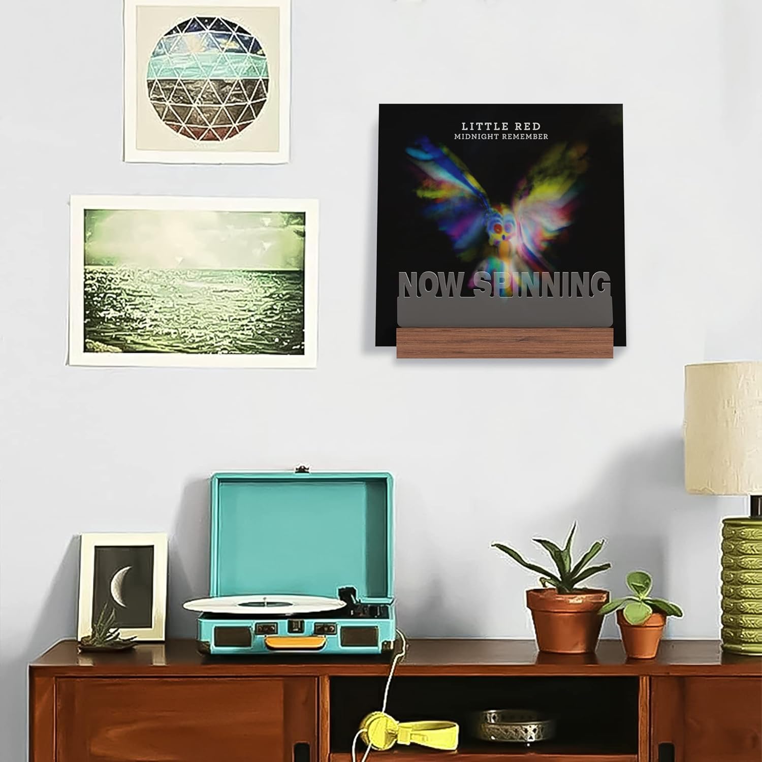 Ammonite Light up Now Spinning Vinyl Record Stand Wall Mount, Now Playing Record Player Stand, Wooden Acrylic Holder for Vinyl Album Display and Storage with Warm White Color Lights