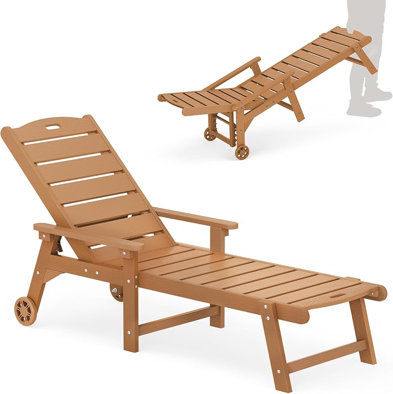 Outdoor Chaise Lounge, 5‑Position, Teak Color | HDPS Oversized Lounge Chair with Armrest & Wheels, Fade & Crack & Rust Resistant, Wood Texture, for Deck, Patio