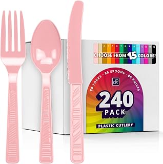 DecorRack Plastic Cutlery Set, Pink Colored Plastic Silverware Sets for Parties, 240 Piece Bulk Heavy Duty Utensils (Pink, 240 Pieces)