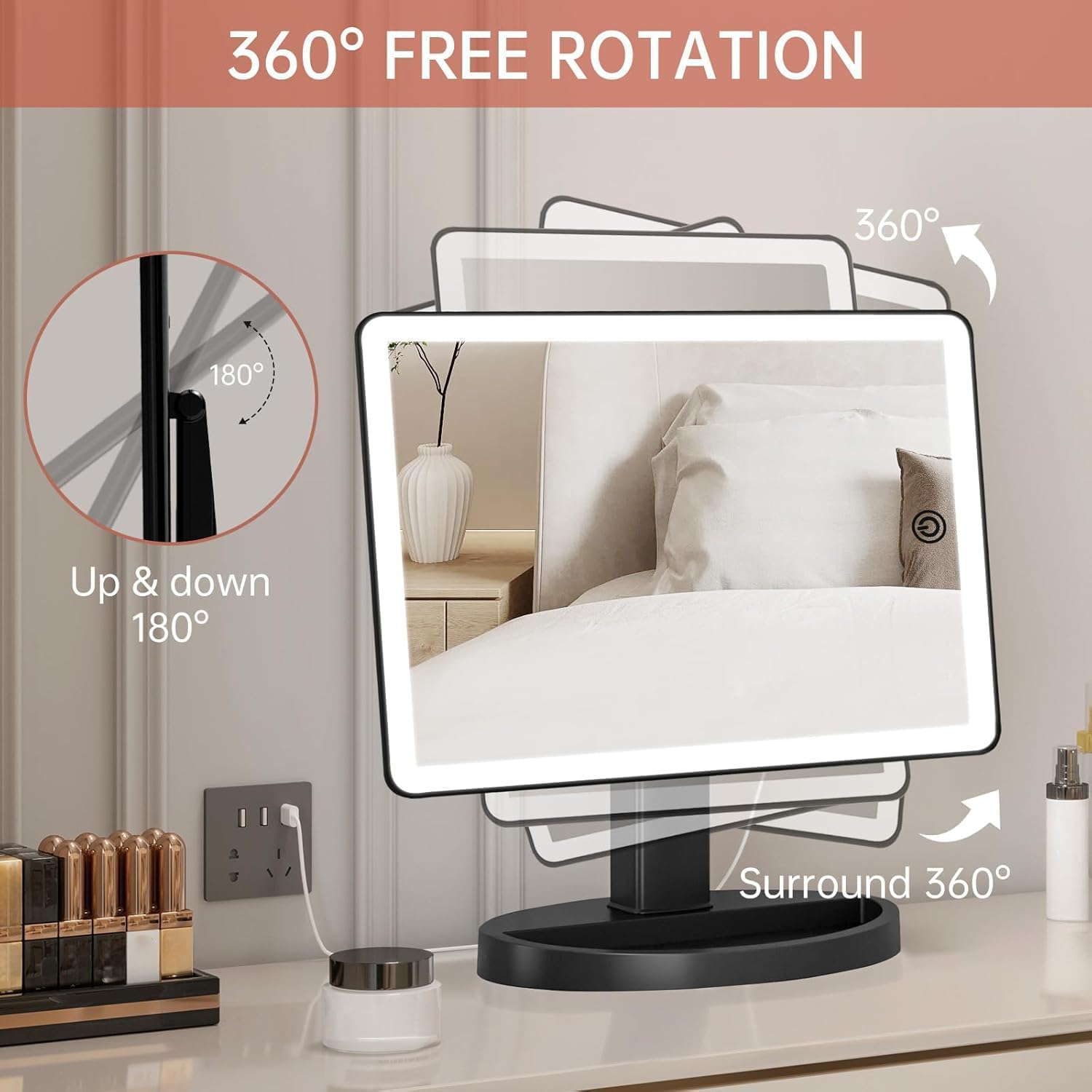 FUNTOUCH Large Lighted Makeup Mirror with Lights, 3 Color Lighting Modes Light Up Mirror with 88 LED, 10X Magnification and 360° Rotation Touch Screen Tabletop Cosmetic Vanity Make Up Mirror (Black) - Image 5