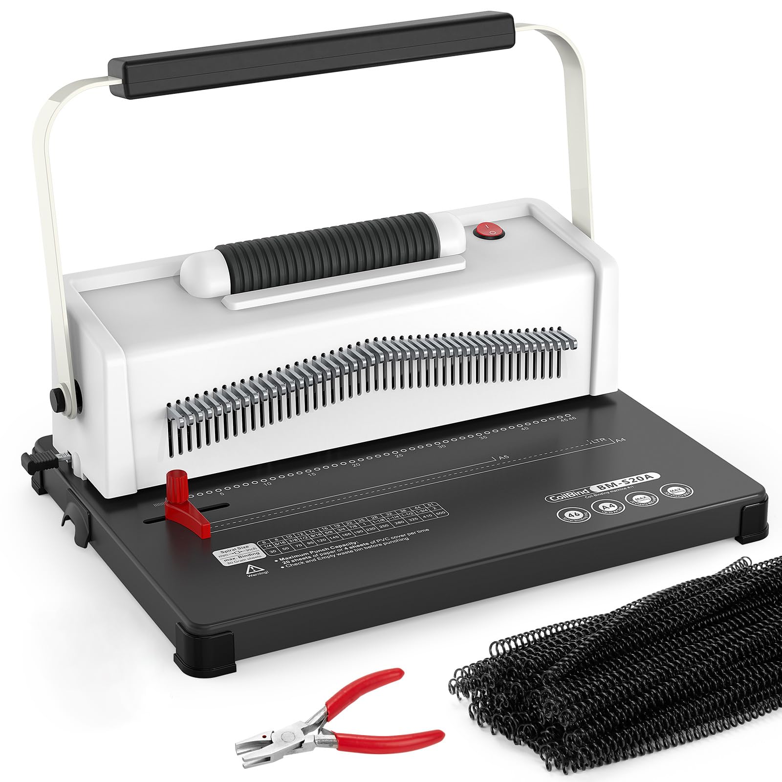 Rilegatrice a spirale elettrica, capacità di perforazione di 20 fogli, 46 perni di disinnesto, passo 4:1, margine laterale regolabile, 100 spine elicoidali da 0,8 cm, 30 coperture in PVC, 1 paio di