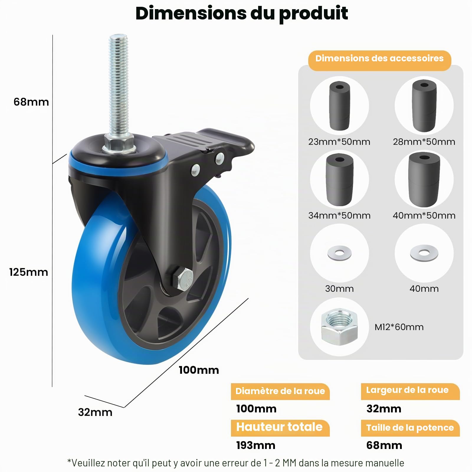 Roulettes pour meubles 100mm à tige extensible avec frein,adaptées aux tubes Ø23/28/34/40mm, capacité 500 kg pour chariot et tables inox pivotantes, bleues, lot de 4