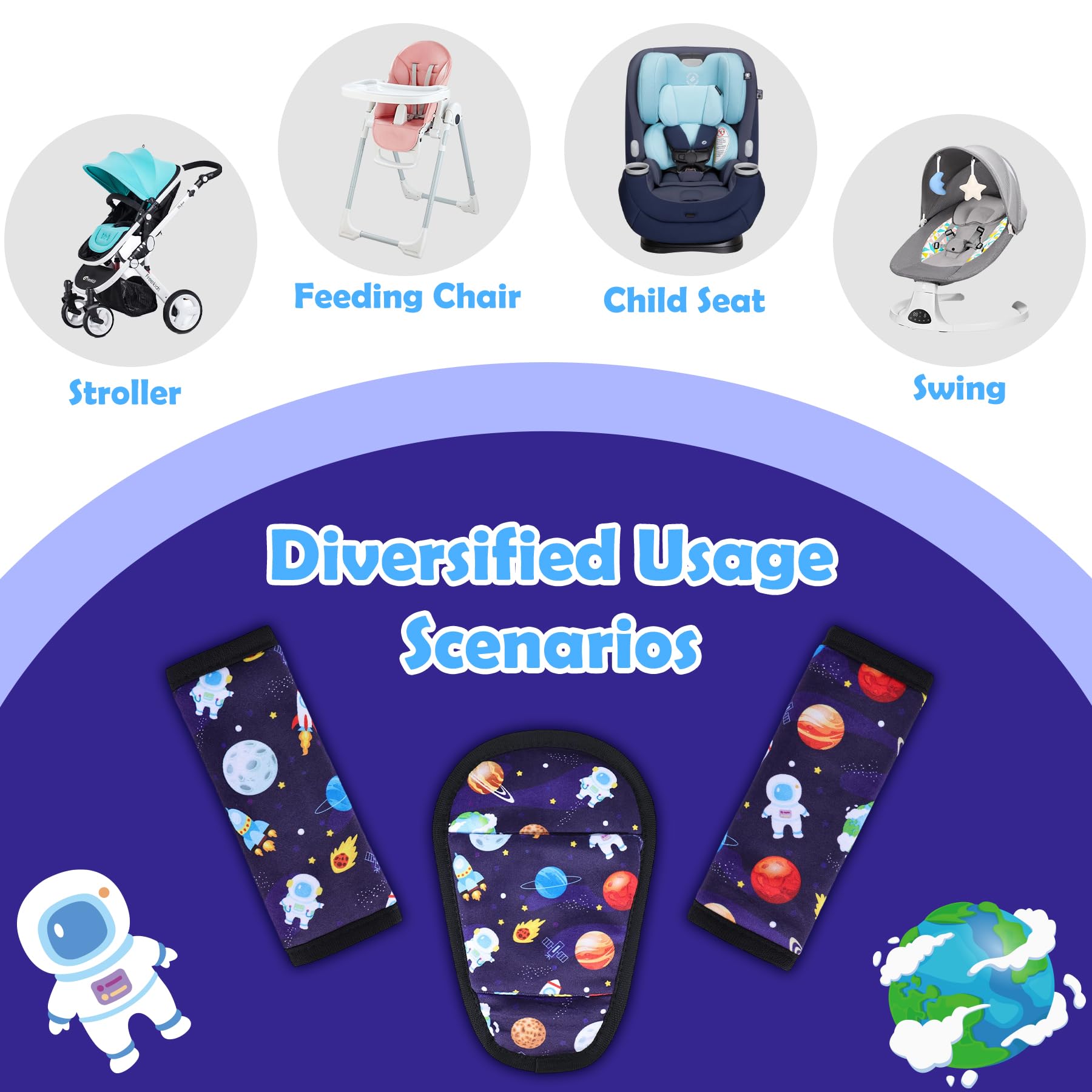 AZAMIA 3 Pcs Car Seat Stroller Straps Pads for Baby, Newborn Soft Shoulder Strap and Crotch Covers, Universal Shoulder Straps Pads for Car Seat, Pushchair, High Chair (Starry Sky) - 5
