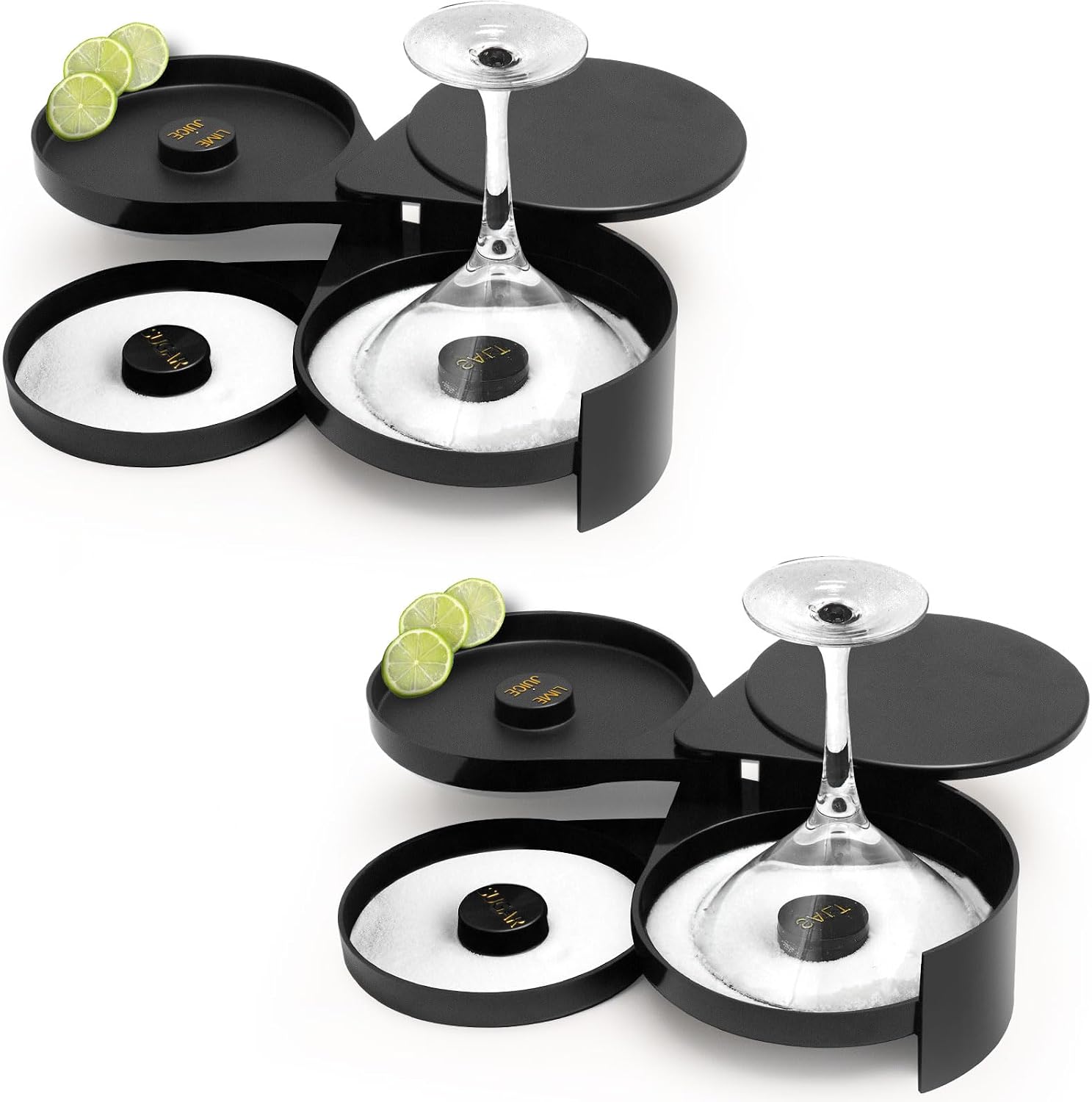 2 Pack Glass Rimming Station with 4-Swing Out Trays,Bar Glass Rimmer for Margarita and Cocktail, Bartender Tool,Salt Box Spice Container