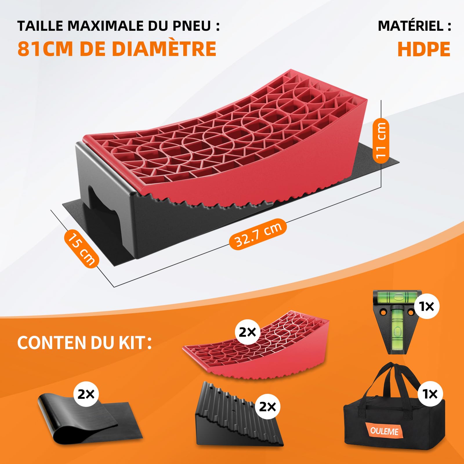 OULEME Cales pour Camping-Car [Jeu de 2], Cales de nivellement en Plastique, pour Les Voitures, Les caravanes et Les remorques[<15,8t] (Rouge)