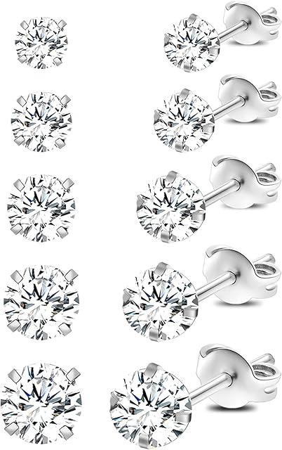 iLovey 18K Gold Plated Silver Stud Earrings Set for Women, 5 Pairs Surgical Steel Hypoallergenic Earrings for Women Men Girls Comfortable Cubic Zirconia Cartilage Piercing Earrings Pack Jewelry Gifts