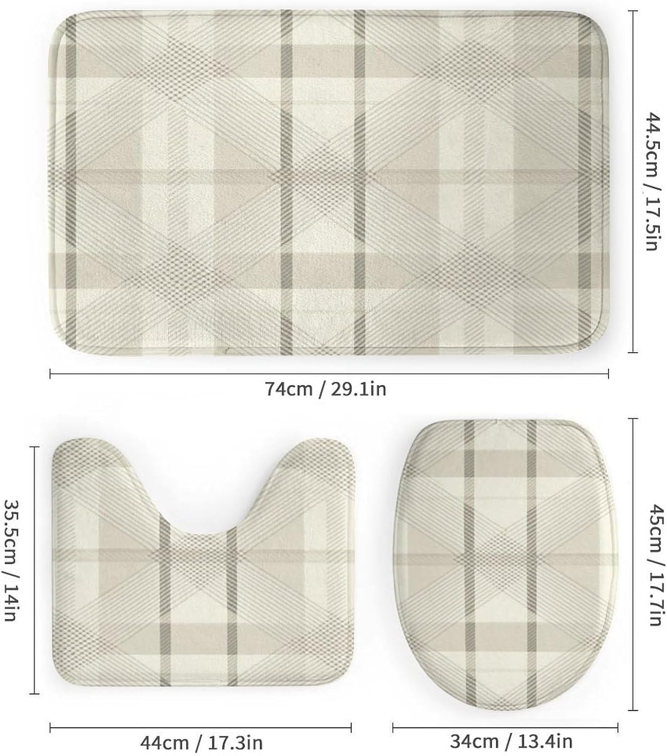 Bathroom Rugs Sets 4 Piece with Shower Curtain, Subtle Plaid Light Gray Pattern Printed on Bathroom Rug and Shower Curtain Sets, Designed for Farmhouse Boho Contemporary Bathrooms, 72 x 72 inches