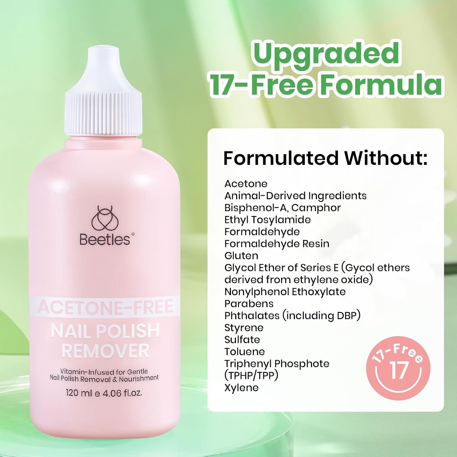 Beetles Nail Polish Remover - Non-Acetone, Fingernail Polish Remover for Natural Nails, Gentle Natural Formula with Almond Scent, Aloe Vera, Glycerin, Keratin with Controllable Bottle Mouth 4.06Fl Oz