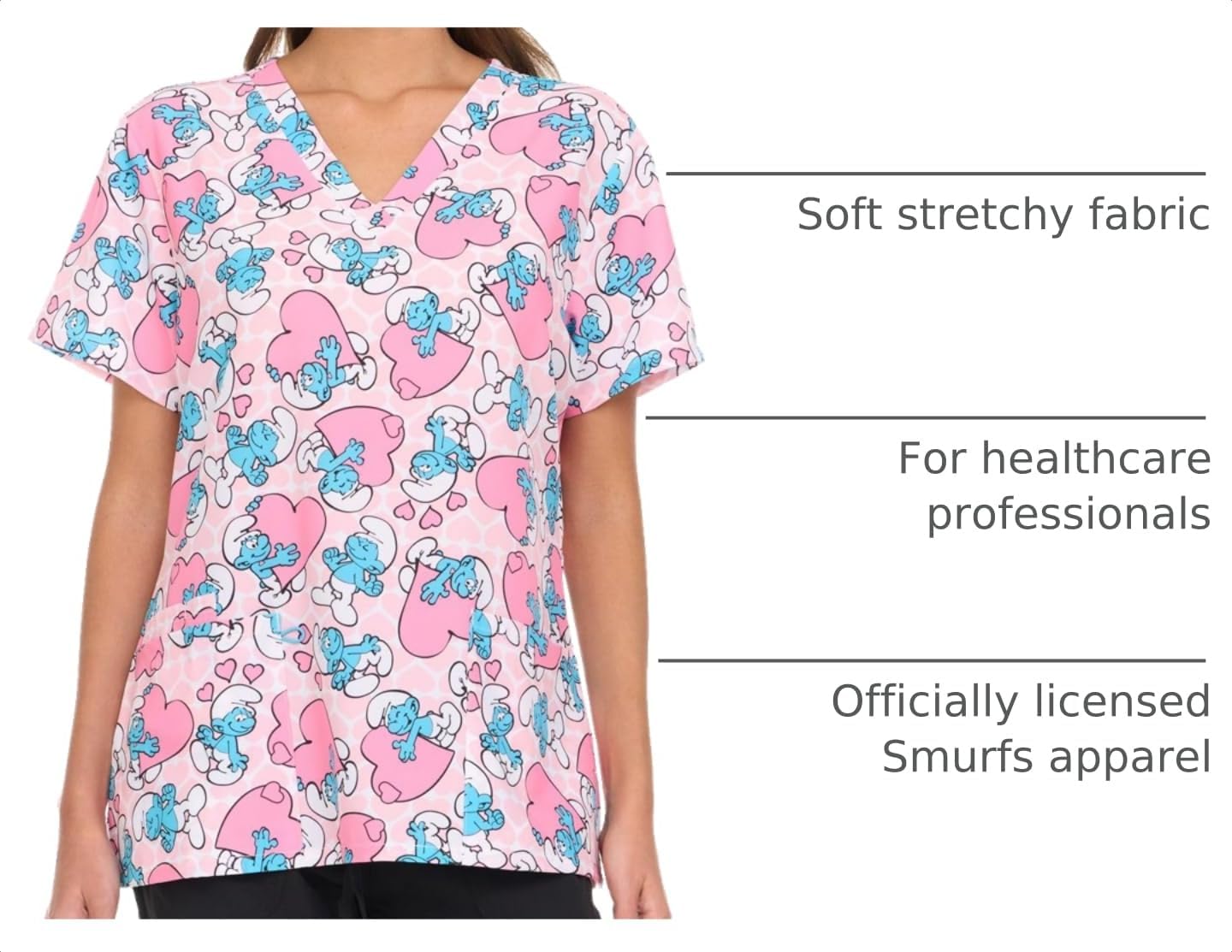 COCO BRANDS Smurfs Womens Scrub Tops - Short Sleeve V-Neck Printed Scrub Tops Women Uniform Shirts with Side Pockets (S-2XL)