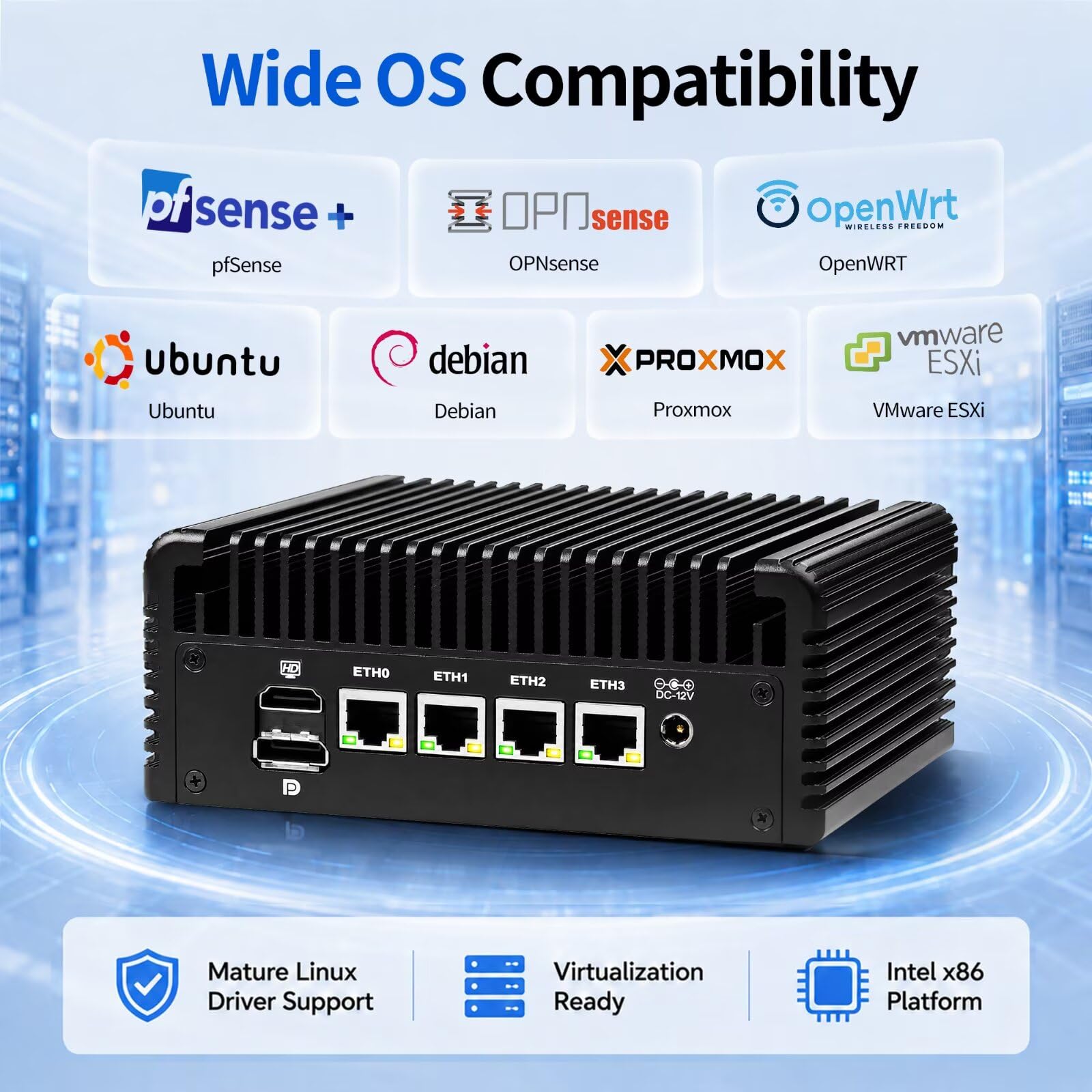 Firewall Mini PC U300E, 4x 2.5GbE i226V LAN, Fanless, DDR5 32G RAM 512G SSD
