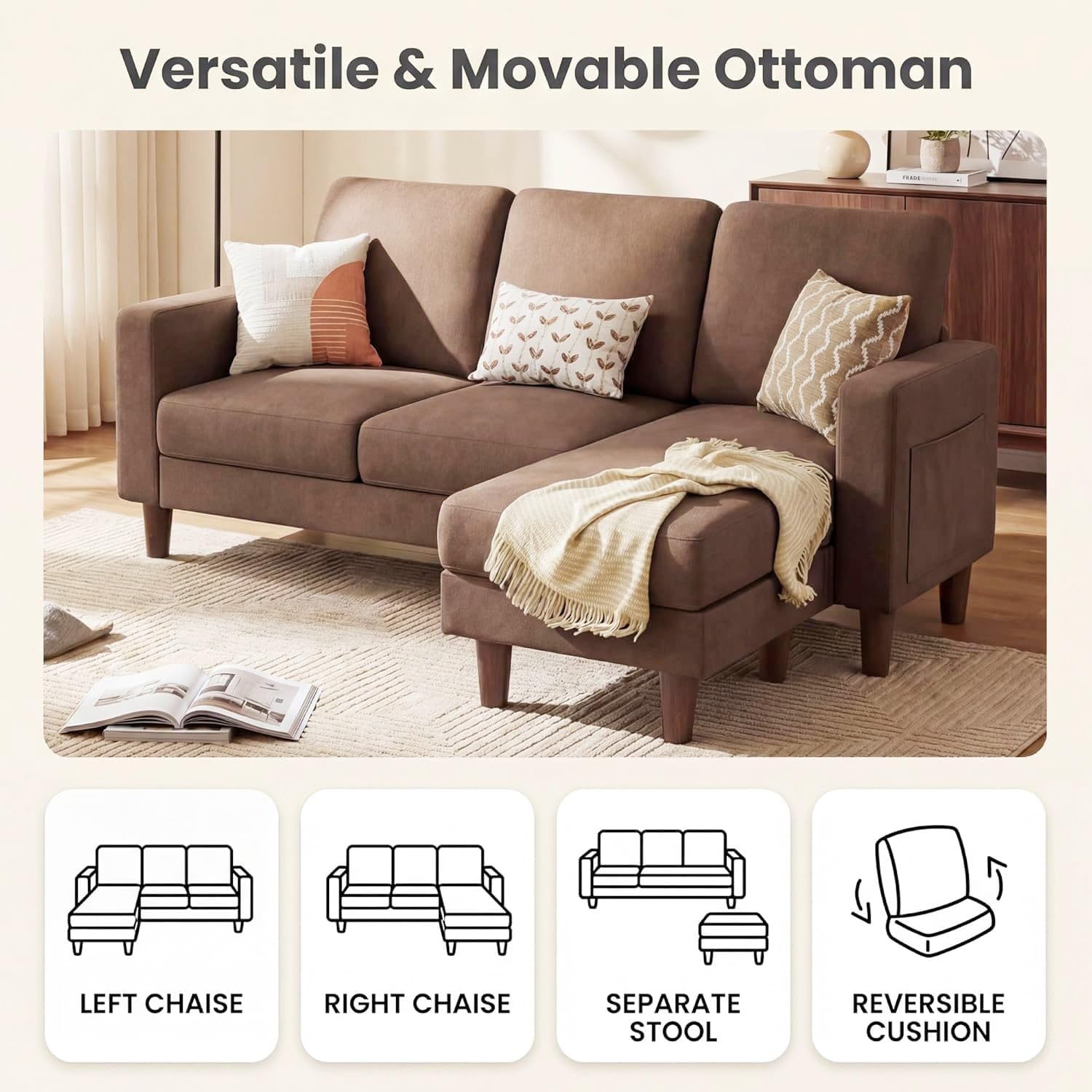 Homall 3 Seat Couch L Shape Sofa with Side Storage Pockage, Sectional Couches with Reversible Ottoma, Upholstered Sofa for Living Room and Small Spaces (Linen Fabric, Coffee Brown)