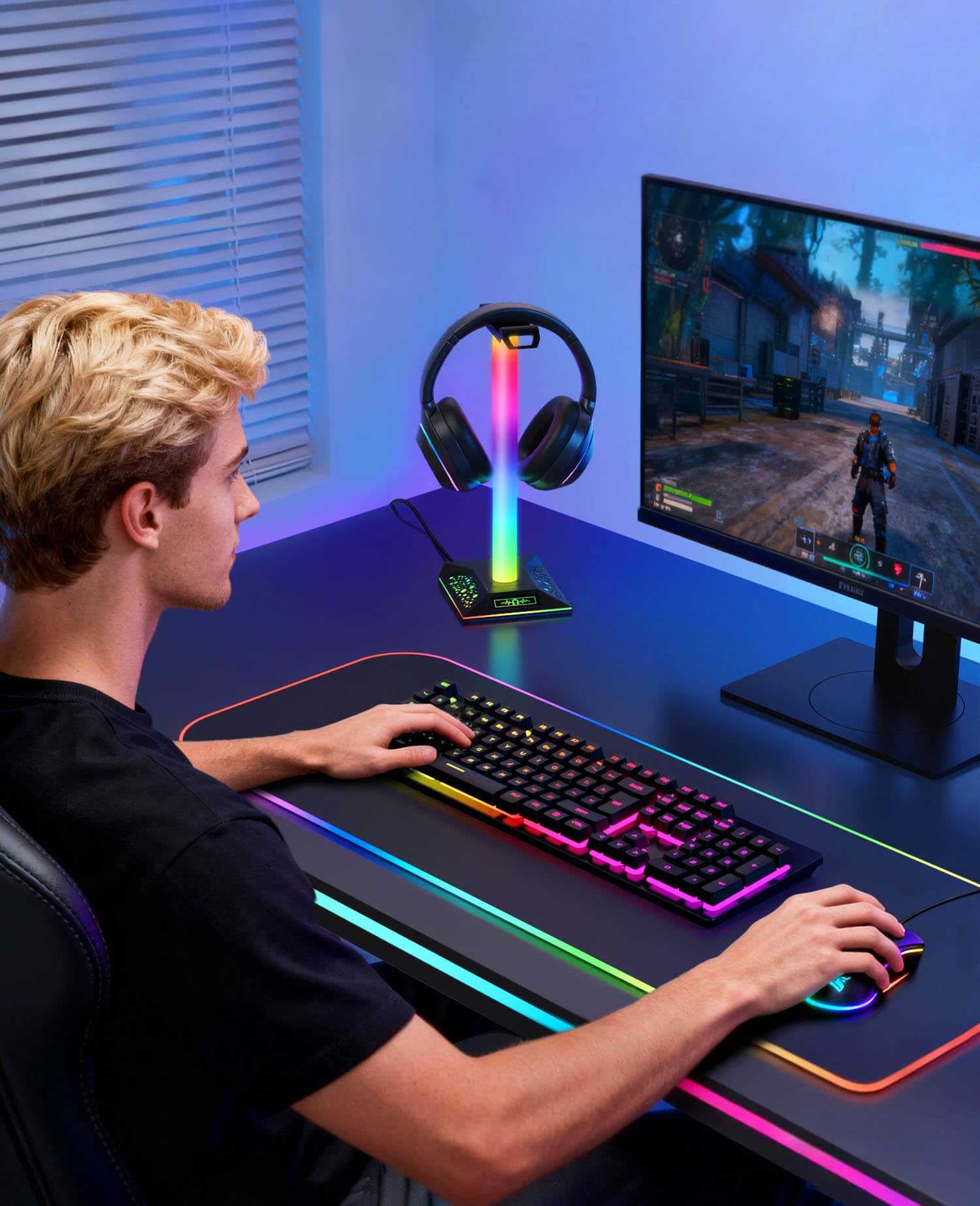 RGB Gaming Headset Ständer, LED Headset Halter mit 3 Ladeanschlüssen (2 USB & 1 Type-C) & 10 Beleuchtungsmodi, Kopfhörerständer Cool Stuff für Jungen, Schreibtisch PC Gaming Zubehör Geschenke für