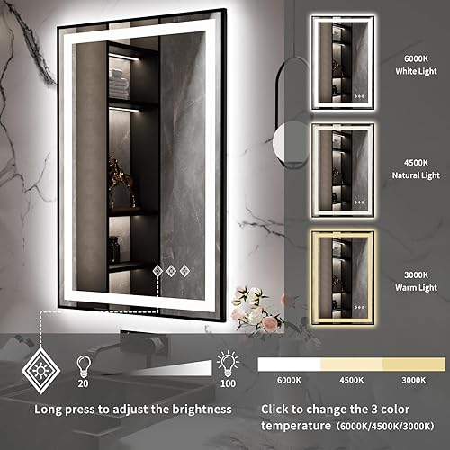 Miniatura 5 de Espejo LED para baño, 24 x 36 pulgadas, marco negro degradado frontal y retroiluminado, 3 colores regulables CRI90, espejo de baño antivaho mejorado