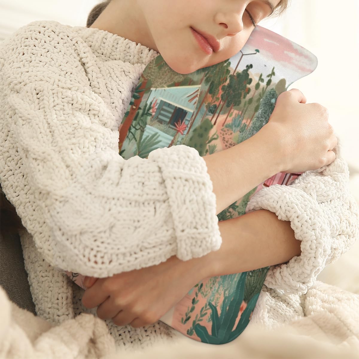 Hot Water Bottle with Soft Cover,2L Fantastic Village Hot Water Bag for Hot and Cold Compress, Hand Feet Warmer, Cartoon Village Rubber Hot or Cold Water Bottle Halloween Christmas Decorations