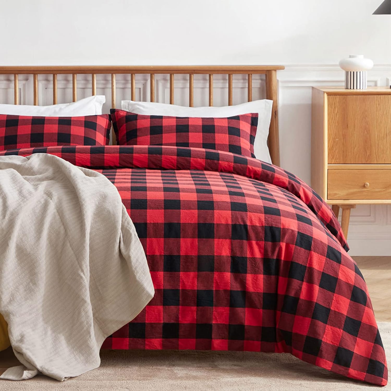VEEYOO King Duvet Cover Cotton 100 Washed Cotton Buffalo Plaid Duvet Cover Set with Zipper
