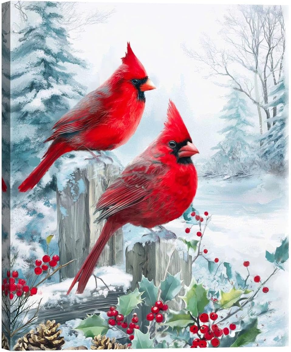 Amazon.com: Cardinal Wall Art - Winter Canvas Painting of Red Birds on ...