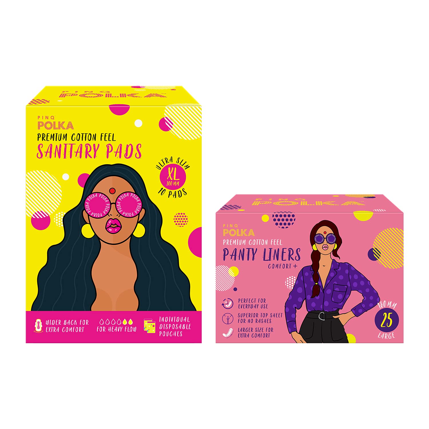 pinq polkaPremium Organic Super Soft Cotton Feel Ultra Thin Sanitary Pads (XL 300 mm 10 Pcs) and Pantyliners (Large 180 mm 25 pcs) with Biodegradable Disposable Pouch, Pack of 35