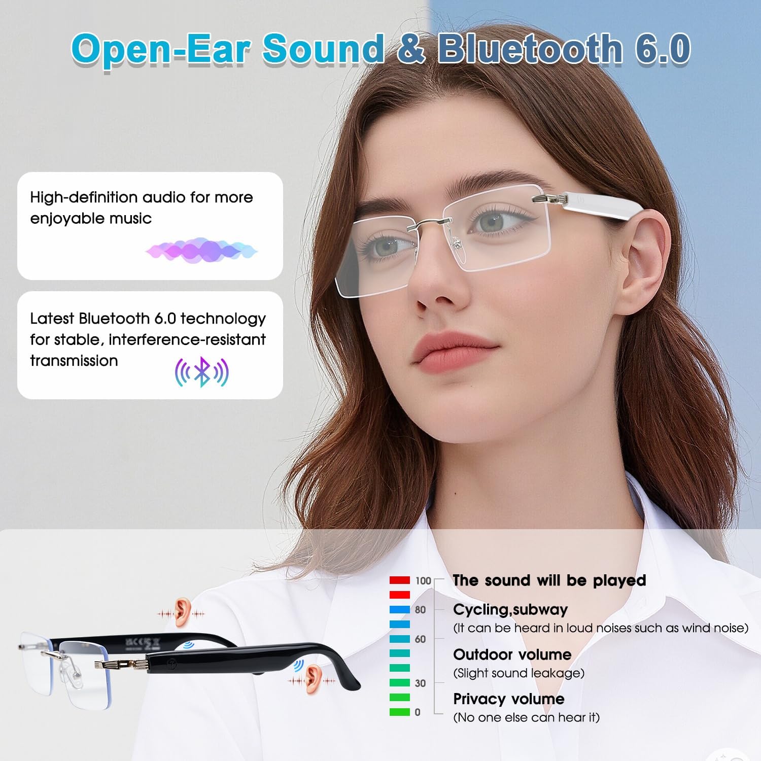 AI Smart Glasses for Men & Women，Spring-hinged Bluetooth 6.0 Smart Glasses with 164 Languages (Real-Time Translation), Photochromic Lens，Free App，Rimless AI Translator Glasses for Work/Travel (White) - Image 8