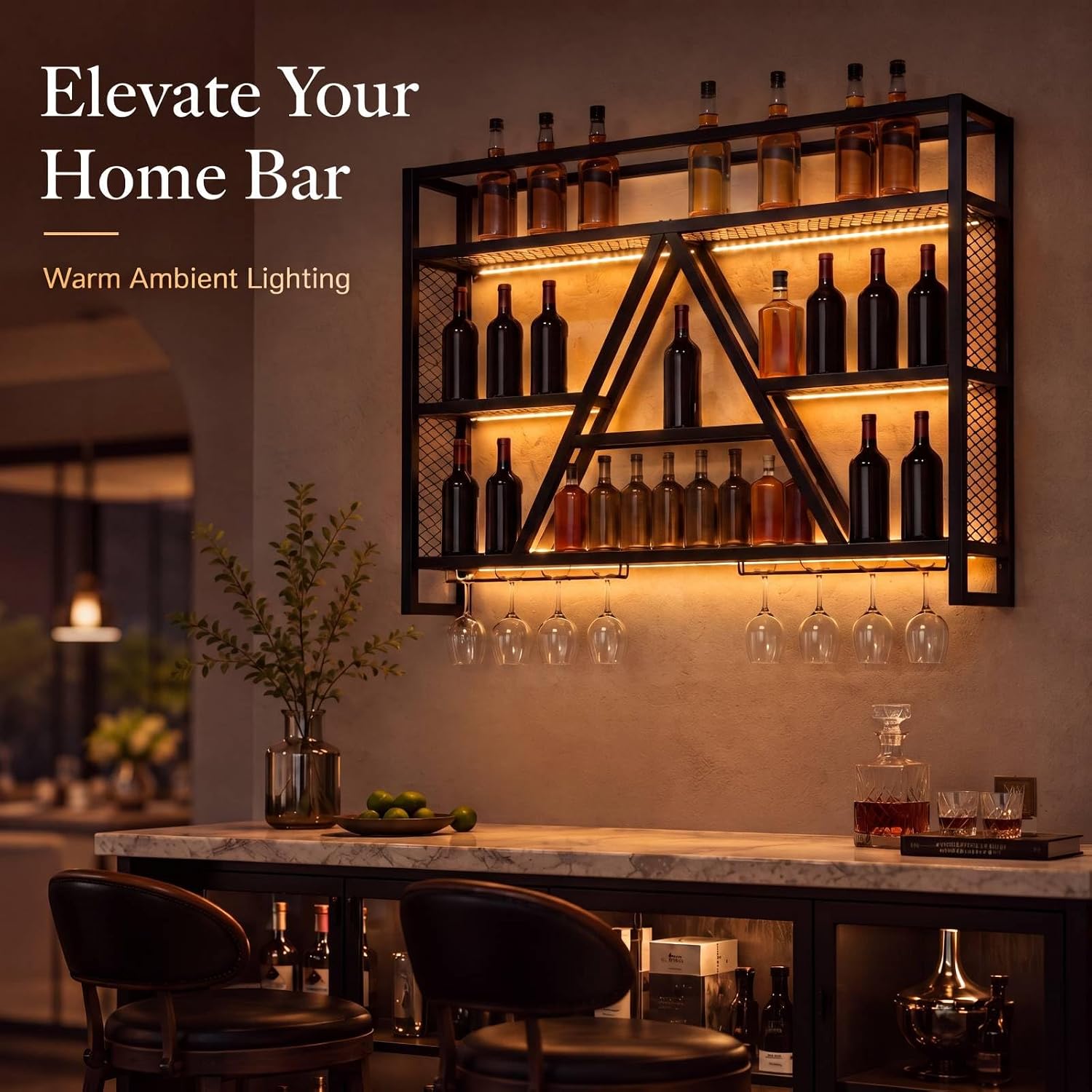 Marsui 39.4" Wall Mounted Wine Rack with LED, 3-Tier Bar Shelf, A-Frame