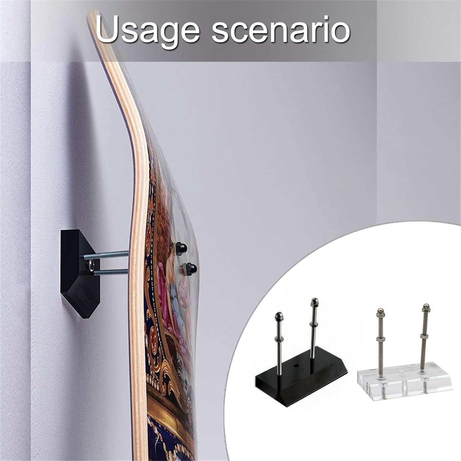 Indoor Wall Skateboard Bracket with Display Stand Storage, Clear | Longboards Deck Rack for Indoor Wall Storage, Wall Mount Horizontal Skateboard Hanger, Hanger Hook with Screws