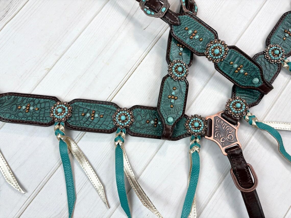 Western One Ear Leather Hand Tooled Headstall and Breast Collar Set with Reins. /Size-Full,Cob AA-08