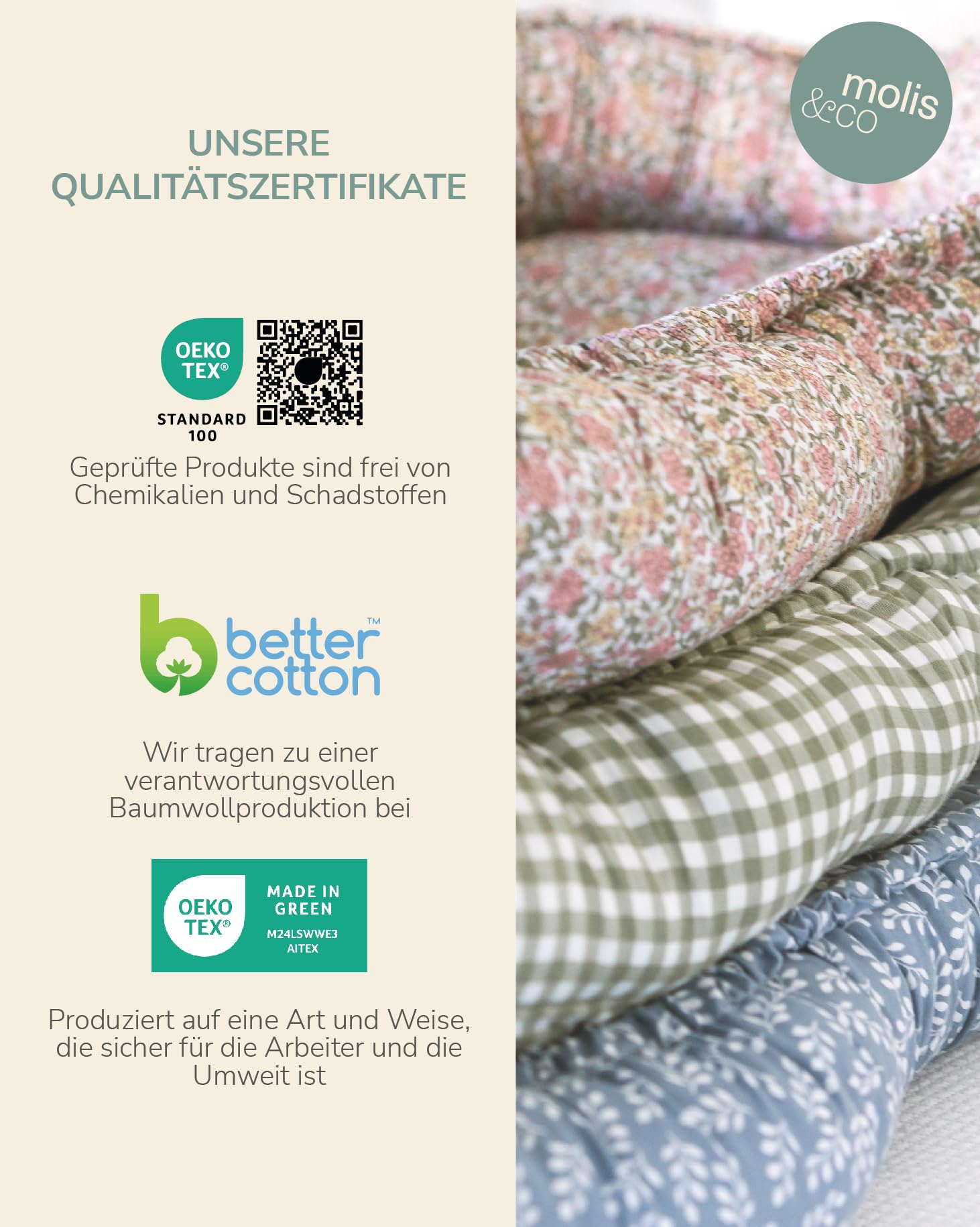 molis&co - Babynest - 100% Baumwolle (Oeko-TEX) - Babynestchen Neugeborene - Ideal als Reisebett, Kuschelnest Geeignet & Cradle Reducer - 90 x 50 cm - Peony