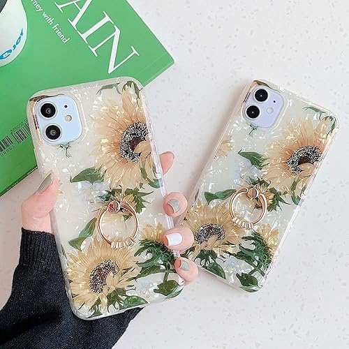 Miniatura 8 de Qokey - Funda compatible para iPhone XR, hermoso diseño de flores, para mujer y niña, con anillo giratorio de 360 grados, TPU suave, a prueba de