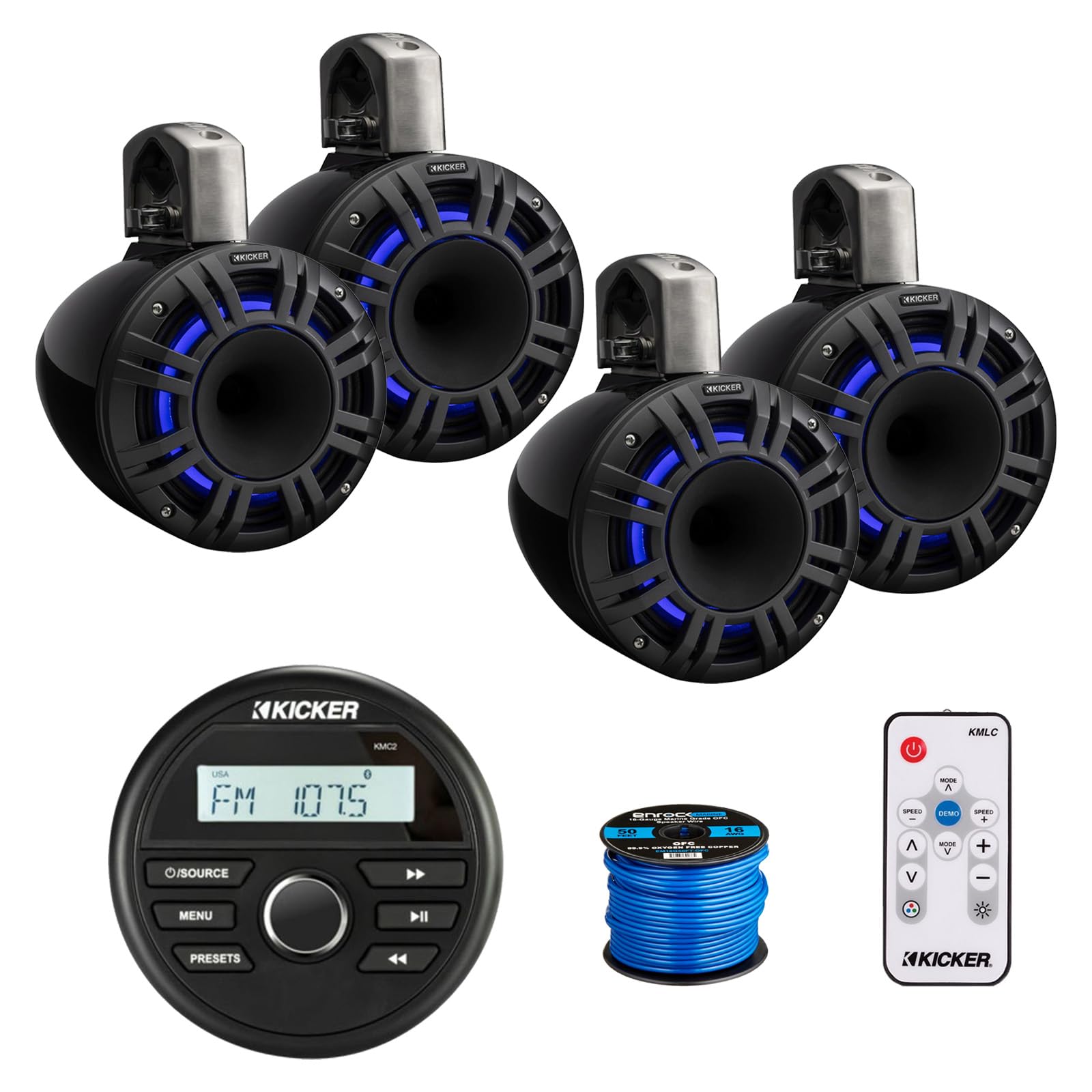 Kicker 46KMC2 Marine Gauge Style USB Bluetooth AM/FM Stereo Media Center Receiver, 4X 8 500 Watt Peak Power Multicolor LED Horn-Loaded (HLCD) Tower Speakers (Black) with LED Remote, 50 Feet Wire
